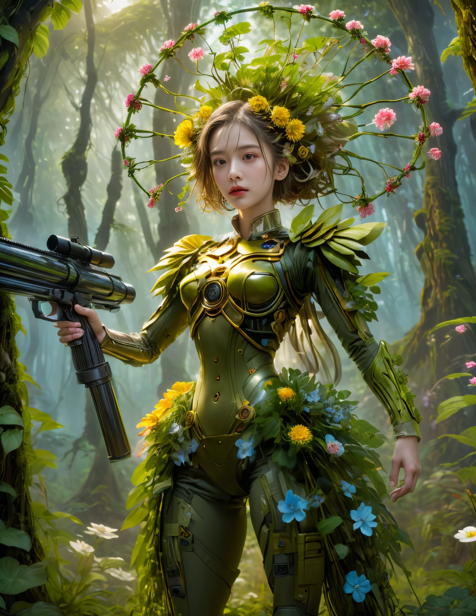middle,(a girl made of fresh plants,Holding a futuristic sci-fi mechanical sniper gun aiming at the target,body covered with flowering plants,flower limbs,plant high heels,Plant hair,Plant clothes),blossoms,age-old tree,ln the forest,(globalillumination、Ray traching、HDR、Unrealistic rendering、Rational design、tmasterpiece、best qualtiy、hyper HD、cinmatic lighting,anatomy correct,Beautiful girl facial features,Anatomically correct and precise facial structure, detailed facial depiction, and delicate facial features)
