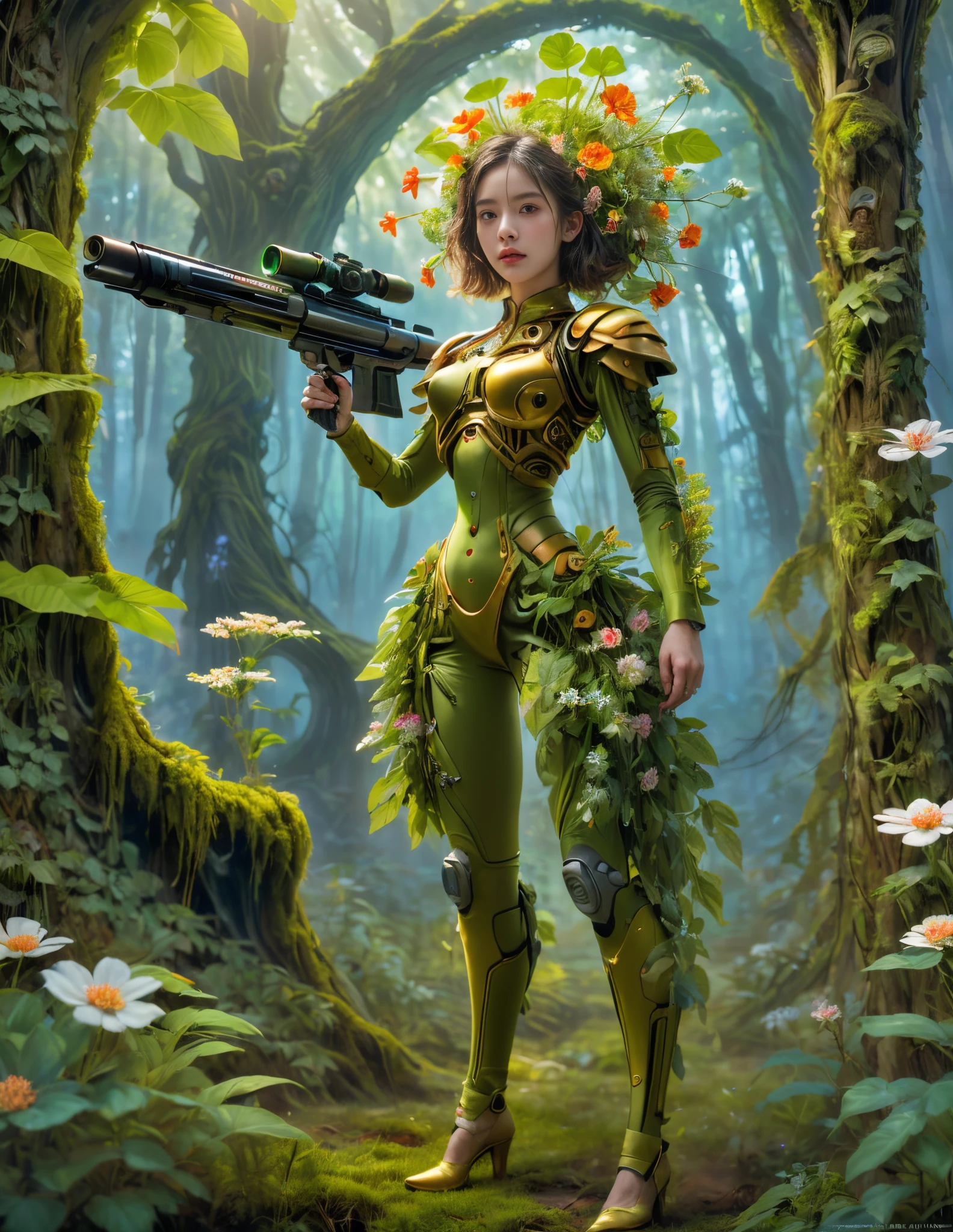 middle,(A girl made of fresh plants,Aim at the target with a futuristic sci-fi mechanical sniper rifle,body covered with flowering plants,flower limbs,plant high heels,plant hair,Plant clothes),blossom flower,old trees,at a forest,(globalillumination、ray traycing、HighDynamicRange、Unrealistic rendering、Rational design、tmasterpiece、Best quality、hyper HD、电影灯光,Anatomical correct,Beautiful girl facial features,Anatomically correct and precise facial structure, detailed face portrayal, and exquisite facial features)