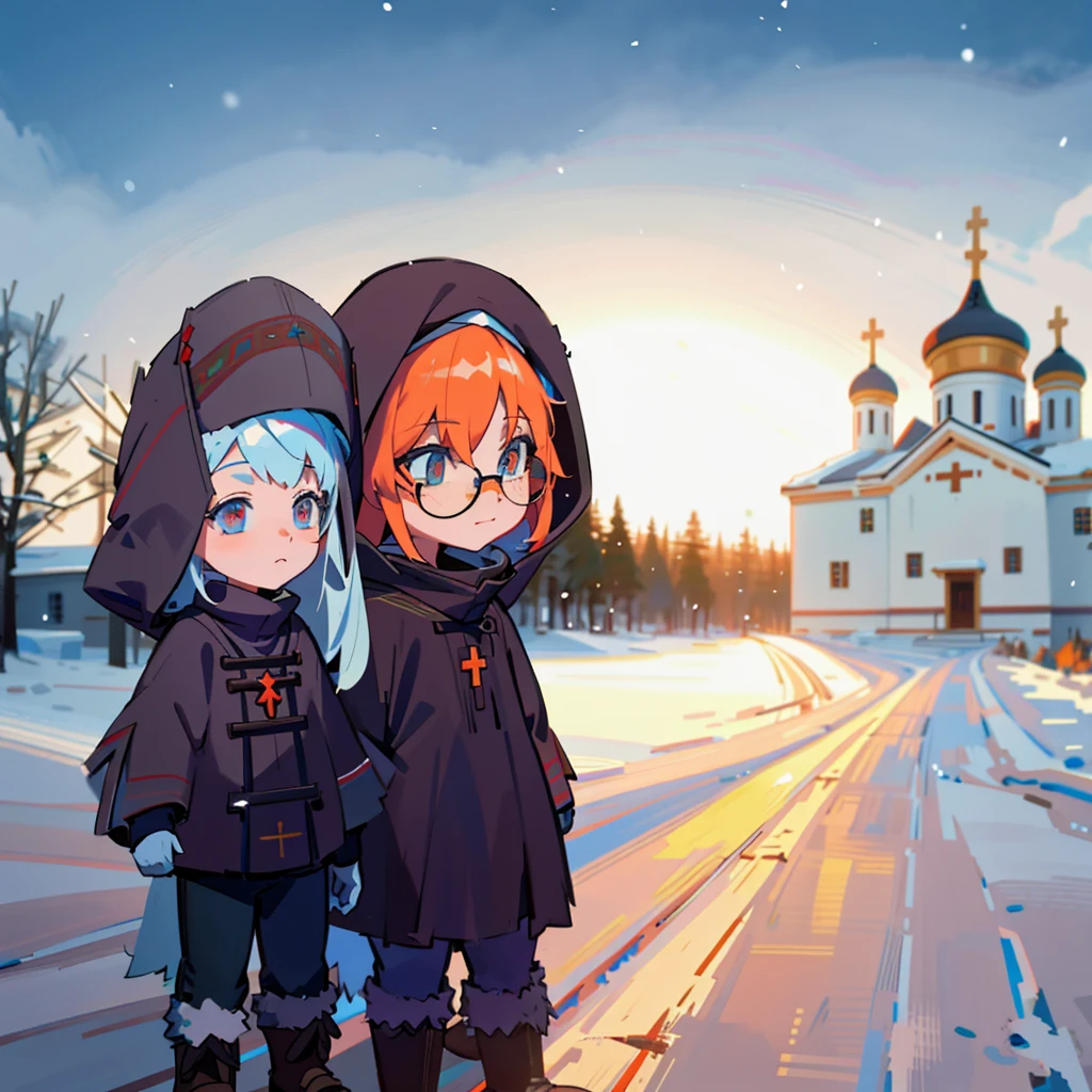 anime characters standing in the snow in front of a church, siberia!!, russian temple, petros and leonid, in the winter, traditional russia, neo norilsk, russian villages at background, slavic!!!, inspired by Ike no Taiga, russia, beautiful russia of the future, magical soviet town, russian village, cold as ice! 🧊