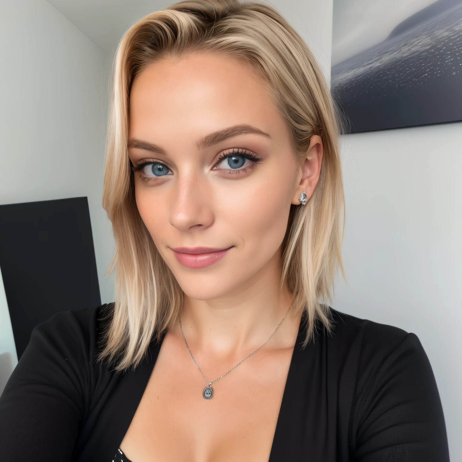 (Selfie, Draufsicht: 1.4), (straight whole body: 1.4), RAW UHD portrait photo of a 24-year-old blonde (Frau mit haselnussbraunen Augen) in ihrem Schlafzimmer stehend (Rock), (Ausschnitt), Details (Gewebe! , Haar! , Glitzer, Farbe!! , Benachteiligungen: 1.1), shiny eyes with high level of detail (Blick in die Kamera), SLR-Beleuchtung, Spiegelreflexkamera, ultra quality, Sharpness, Depth of field, Filmkorn (Mitte), Fujifilm XT3, kristallklar, Rahmenmitte, Beautiful face, Scharfer Fokus, bokeh (schwach beleuchtet), Nacht, (Nachthimmel), Detaillierte Hautporen, Oily skin, Sonnenbrand, Komplexe AugenDetails, full entire body, instagram story, influencer