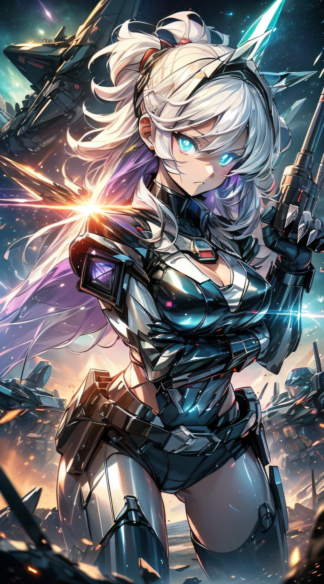 Electronic illustrations of women with mechanized armor and guns in outer space, one girl, breasts, ships, weapons, military vehicles, mecha girls, guns, big breasts, space battleships, science fiction, aircraft, cleavage, weapons hold and look at the viewer,Robot-Girl,starrystarscloudcolorful,