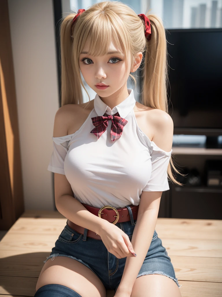 One person, 16 years, blonde hair, very length hair, Twin tails, Red ribbon, shy, ,Airi Akizuki, blonde_hair, blue eyes, Twin tails, very_length_hair, hair_Decorative Red, hair_Red Scrunchie, Moderate_chest,Airi Akizuki, blonde_hair, blue eyes, Twin tails, very_length_hair, hair_Decorative Red, hair_Red Scrunchie, Moderate_chest, She is wearing a T-shirt, Show your collarbone, She is lifting her shirt slightly showing her chest,, She also wears shorts, she is also wearing length black thigh-high stockings,