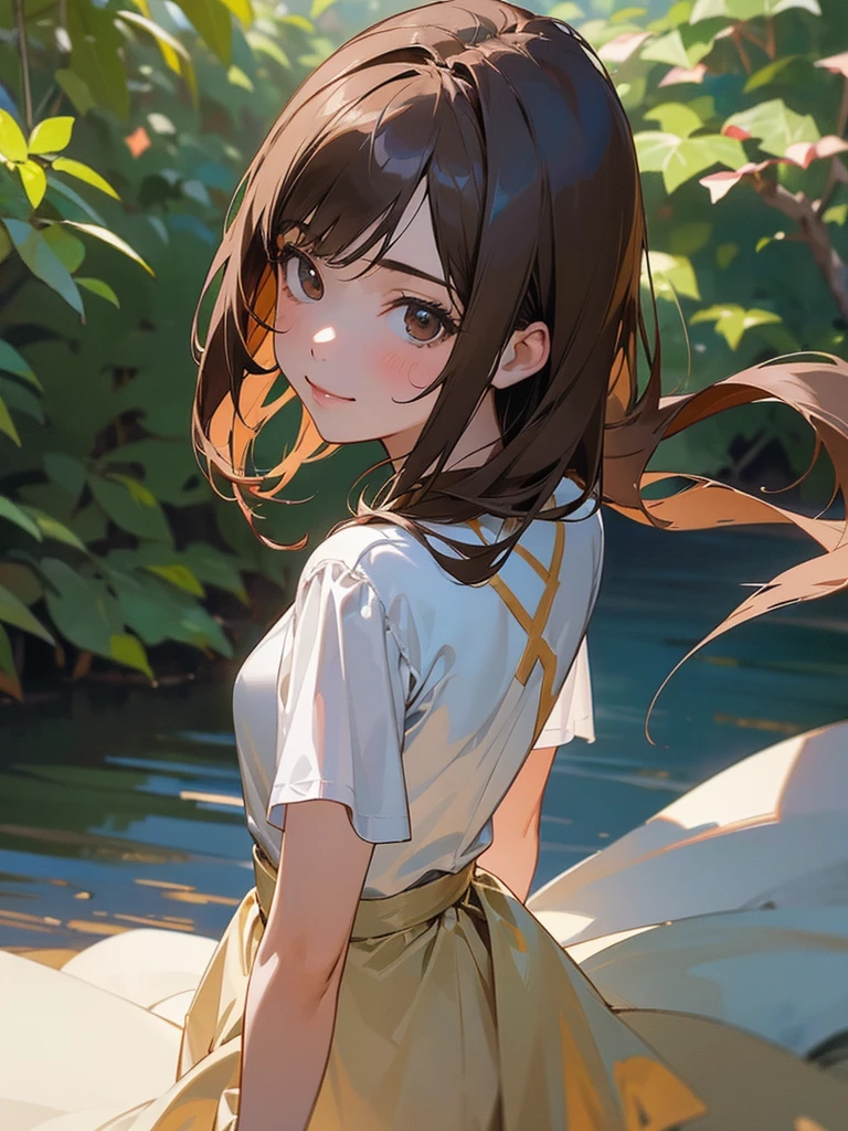 (1girl in:1.3), (Photorealistic:1.4), (masutepiece, of the highest quality, Best Quality, Official art), ighly detailed, highest details, (Ultra-detailed), ((extremely delicate and beautiful)), Cinematic Light, Contemporary, Silky long hair, (Brown hair), She is walking in the park, in the evening, Sewn, Skirt, Upper body, From above, Shy, Smile, (Looking back:1.4), 26 years old