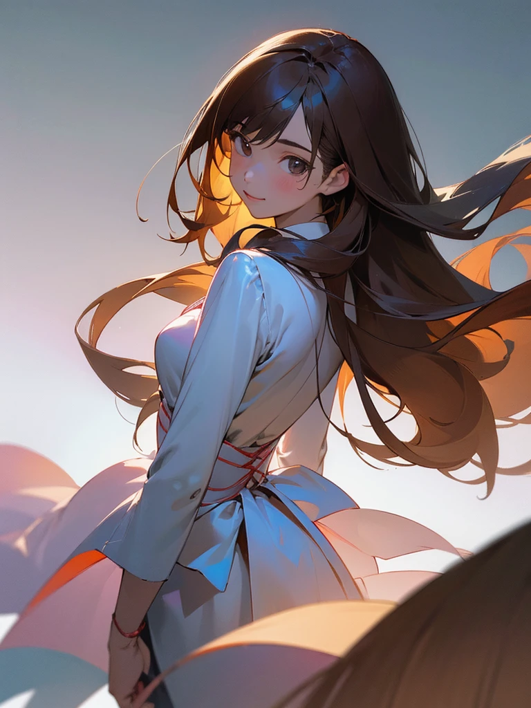 (1girl in:1.3), (Photorealistic:1.4), (masutepiece, of the highest quality, Best Quality, Official art), ighly detailed, highest details, (Ultra-detailed), ((extremely delicate and beautiful)), Cinematic Light, Contemporary, Silky long hair, (Brown hair), She is walking in the park, in the evening, Sewn, Skirt, Upper body, From above, Shy, Smile, (Looking back:1.4), 26 years old