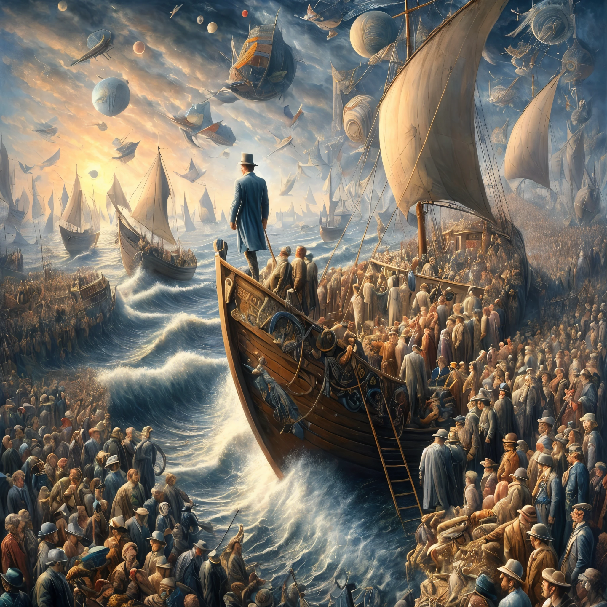Painting of a man standing on a boat among a large crowd, Rob McNaughton, by Keren Beiit, Illusion surrealist art, epic surrealism 8k oil painting, Surreal oil painting, kerem beyit, Surreal art, surrealistic painting, Surreal and fantasy art, by Alexander Kucharsky, highly detailed surrealist art, surreal scene