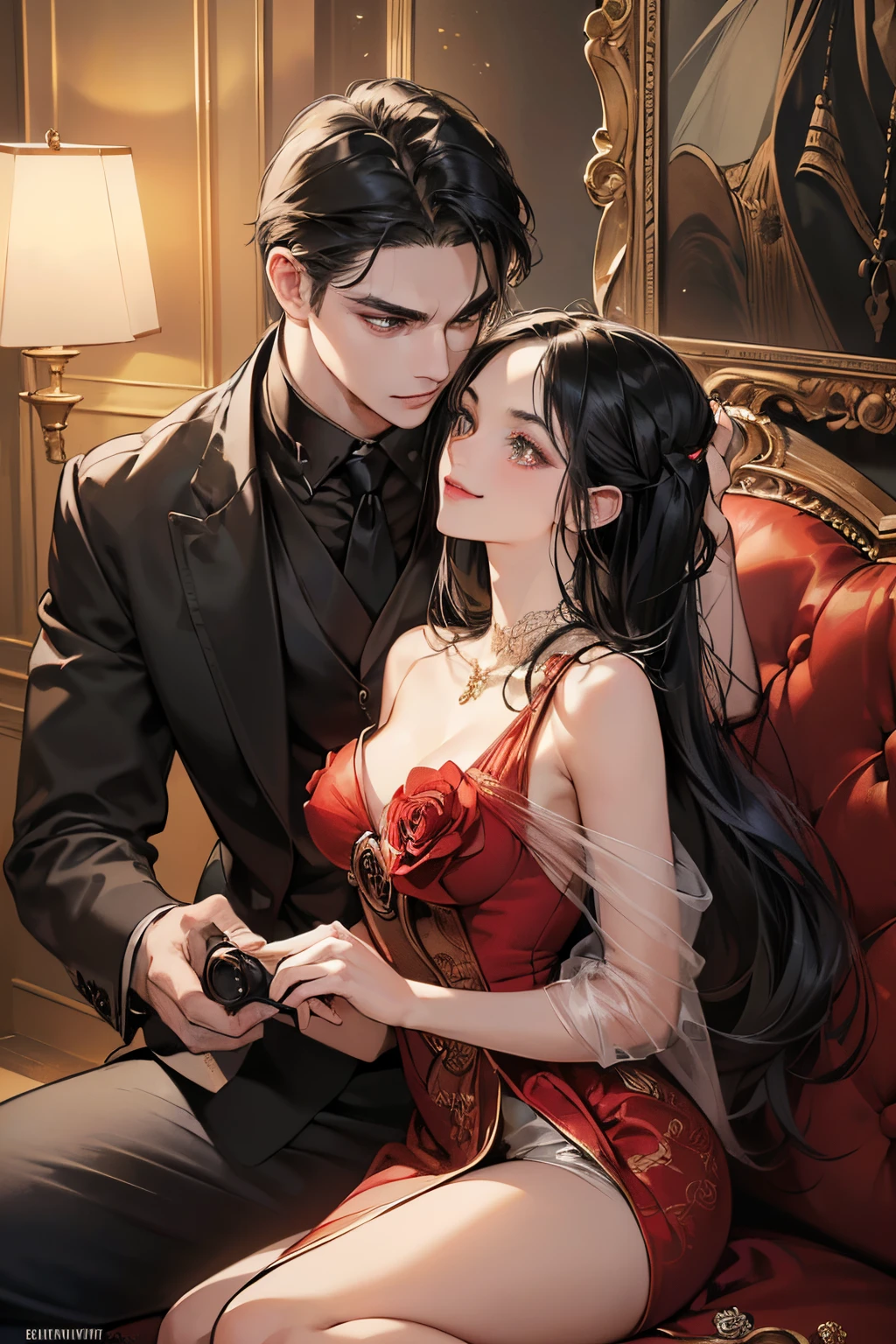 (masutepiece, Digital Art, Digital Illustration, 4K, 8K, Ultra-detailed, beautiful image, Sharp Image, Photorealistic, Raw photo, Perfect face, Perfect lines, Perfect eyes, Soft lighting) 1 woman, (Long Black Hair,straight haired,Bullish gaze,Beautie,ellegance,Mode system,Onepiece、Solid makeup,23 y-o woman,small tits:1.3),Two handsome men in suits, (ember,Men in suits,well-muscled,Firm shoulder width,Adult male,Boyish hairstyle,English gentlemanly style,Man in his 30s with a cool expression,28-year-old man with bright smile:1.2),Antique furnishings,Antique Clamps,Antique chair,chandeliers,Crystal Glass,Luxury,fantastical light,Marble fireplace,(embarrassed from,Shy smile,One Red Rose:1.2),Antique sofa,Leather sofa,the kiss、kiss、a couple、couple kissing、Romance、doress、