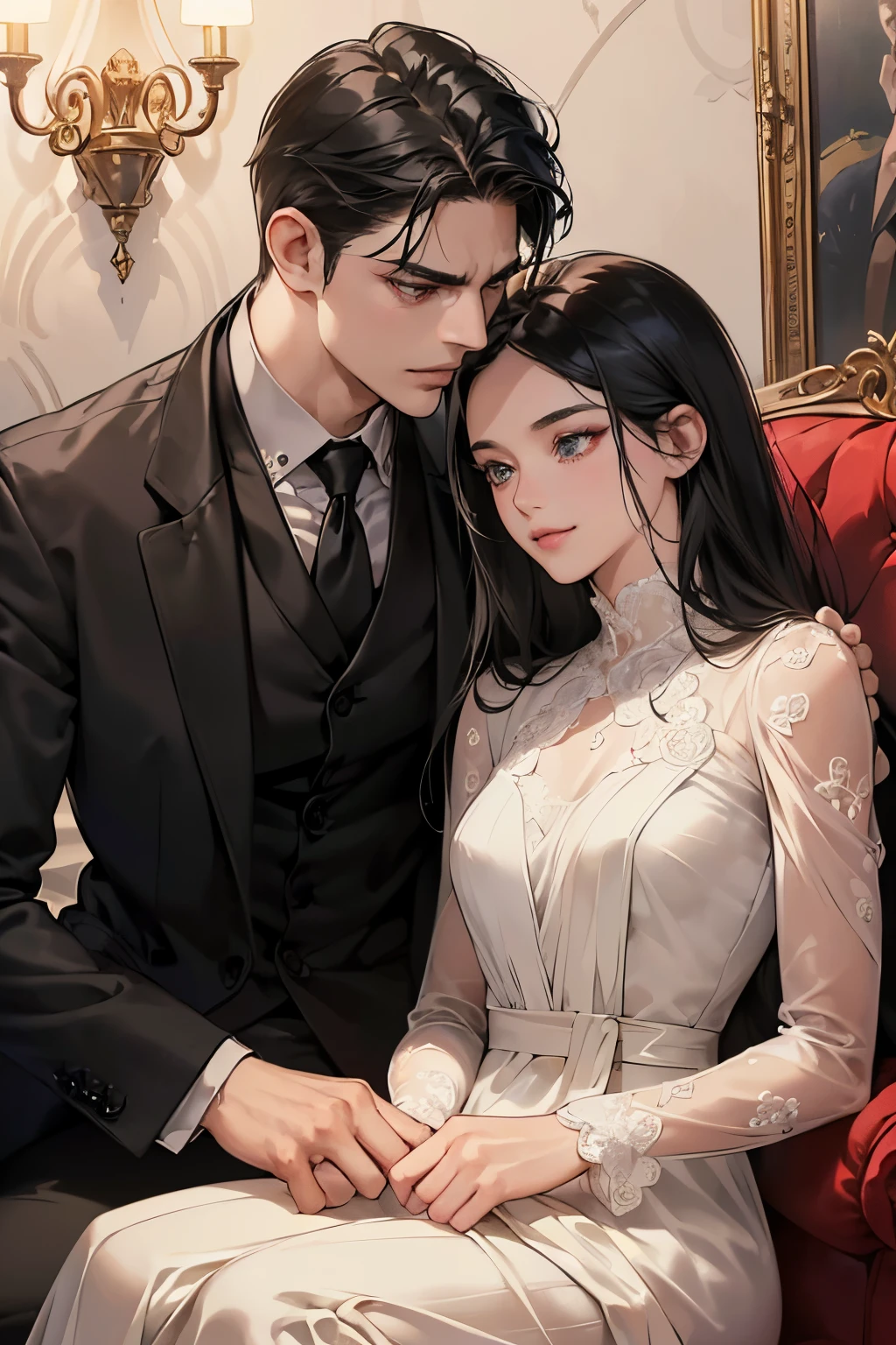 (masutepiece, Digital Art, Digital Illustration, 4K, 8K, Ultra-detailed, beautiful image, Sharp Image, Photorealistic, Raw photo, Perfect face, Perfect lines, Perfect eyes, Soft lighting) 1 woman, (Long Black Hair,straight haired,Bullish gaze,Beautie,ellegance,Mode system,Onepiece、Solid makeup,23 y-o woman,small tits:1.3),Two handsome men in suits, (ember,Men in suits,well-muscled,Firm shoulder width,Adult male,Boyish hairstyle,English gentlemanly style,Man in his 30s with a cool expression,28-year-old man with bright smile:1.2),Antique furnishings,Antique Clamps,Antique chair,chandeliers,Crystal Glass,Luxury,fantastical light,Marble fireplace,(embarrassed from,Shy smile,One Red Rose:1.2),Antique sofa,Leather sofa,the kiss、kiss、a couple、couple kissing、Romance、doress、