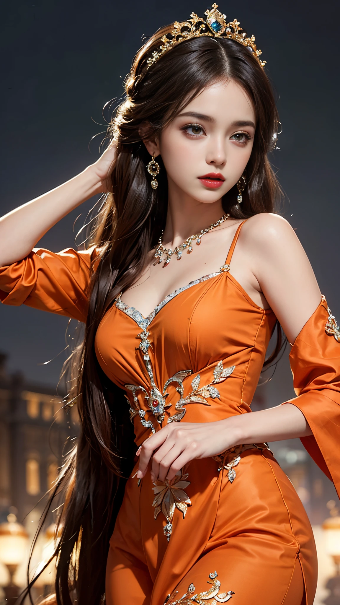 1 girl, good face, ultra long hair, detailed eyes, detailed lips, small breasts, (crystal outfit:1.5), translucent lace, (crystal ornament:1.5), (orange crystal outfit :1.5), Take photos by the crystal, ultra-realistic realism, color field printing, high details, hyper HD, cinematic lighting, 4k quality, sitting,