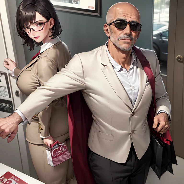(best quality:1.1), (master part:1.4), (absurdos:1.0), Dutch angle, ambulante, 1 girl, (Mature female:1.4), (MILF:1.2), (top rosa:1.3), beige linen pants, (joias de luxo:1.2), (white jacket), short hair, cabelos pretos, sun glasses, sorriso tortuoso, (shopping:1.2), (rechonchudo:1.1), Seios enormes, olhando para o espectador, 1 homem idoso de 86 anos, (baixo, gordo, careca, roupas folgadas)
