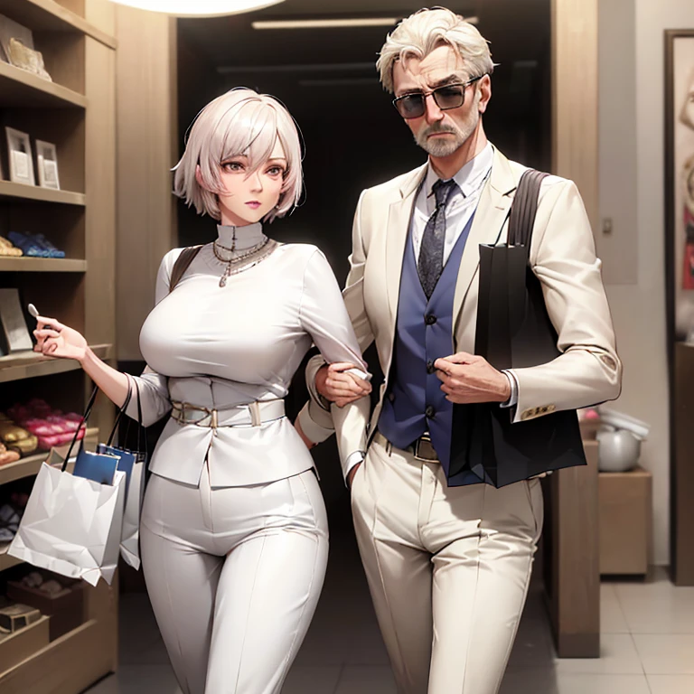 (best quality:1.1), (master part:1.4), (absurdos:1.0), Dutch angle, ambulante, 1 girl, (Mature female:1.4), (MILF:1.2), (top rosa:1.3), beige linen pants, (joias de luxo:1.2), (white jacket), short hair, cabelos pretos, sun glasses, sorriso tortuoso, (shopping:1.2), (rechonchudo:1.1), Seios enormes, olhando para o espectador, 1 homem idoso de 86 anos, (baixo, gordo, careca, roupas folgadas)