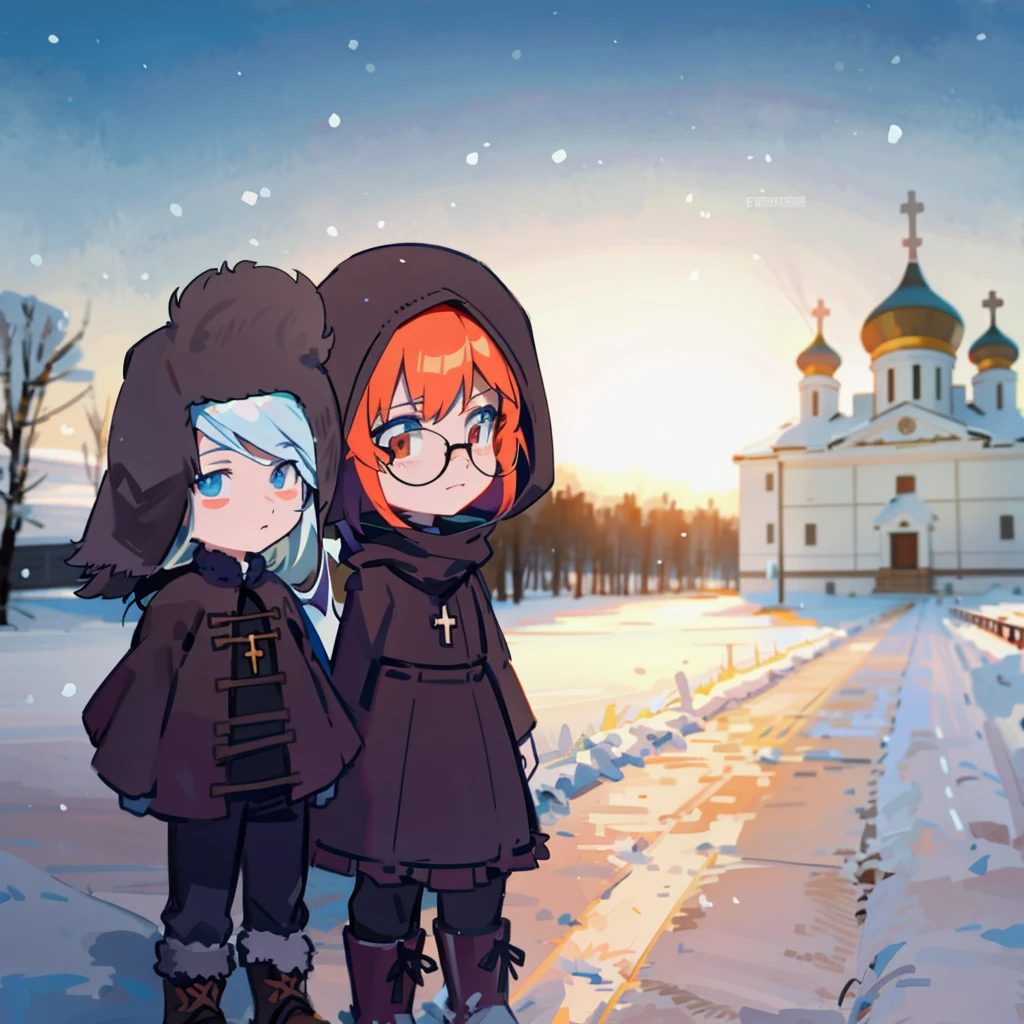 anime characters standing in the snow in front of a church, siberia!!, russian temple, petros and leonid, in the winter, traditional russia, neo norilsk, russian villages at background, slavic!!!, inspired by Ike no Taiga, russia, beautiful russia of the future, magical soviet town, russian village, cold as ice! 🧊, crosses on the necks