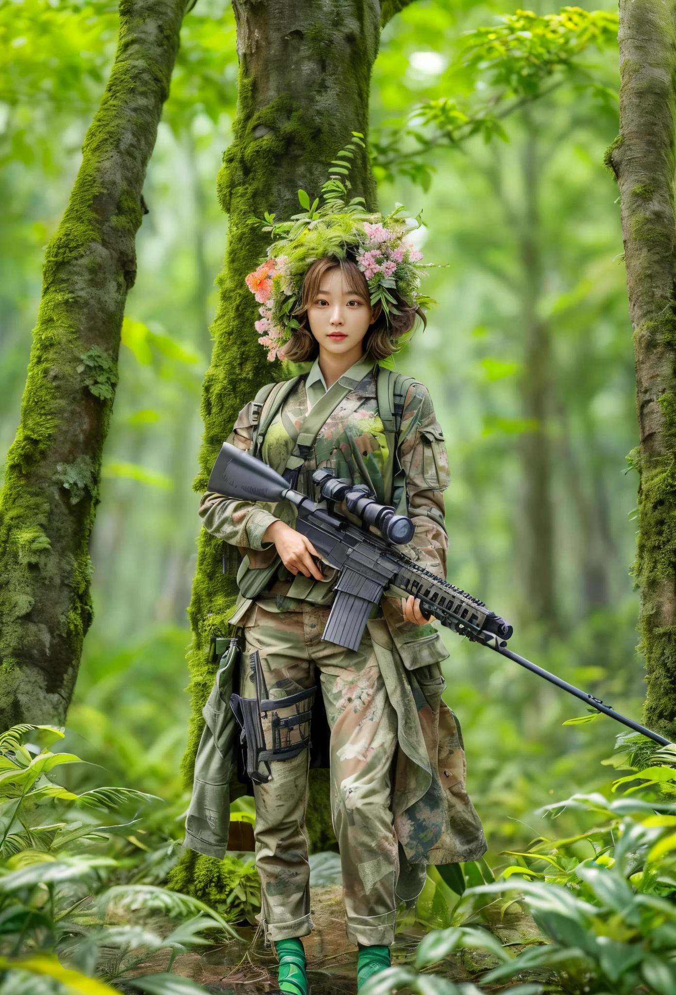 middle，(a girl made of fresh，Holding a sniper rifle made of plants and aiming at the target，Sniper rifle made from green plants，Body covered with flowers and plants，plant high heels，Plant hair，Plant clothes），blossoms，age-old tree，ln the forest，（globalillumination、Ray traching、HDR、Unrealistic rendering、Rational design、tmasterpiece、best qualtiy、hyper HD、cinmatic lighting，anatomy correct，Facial features of beautiful Korean women）
