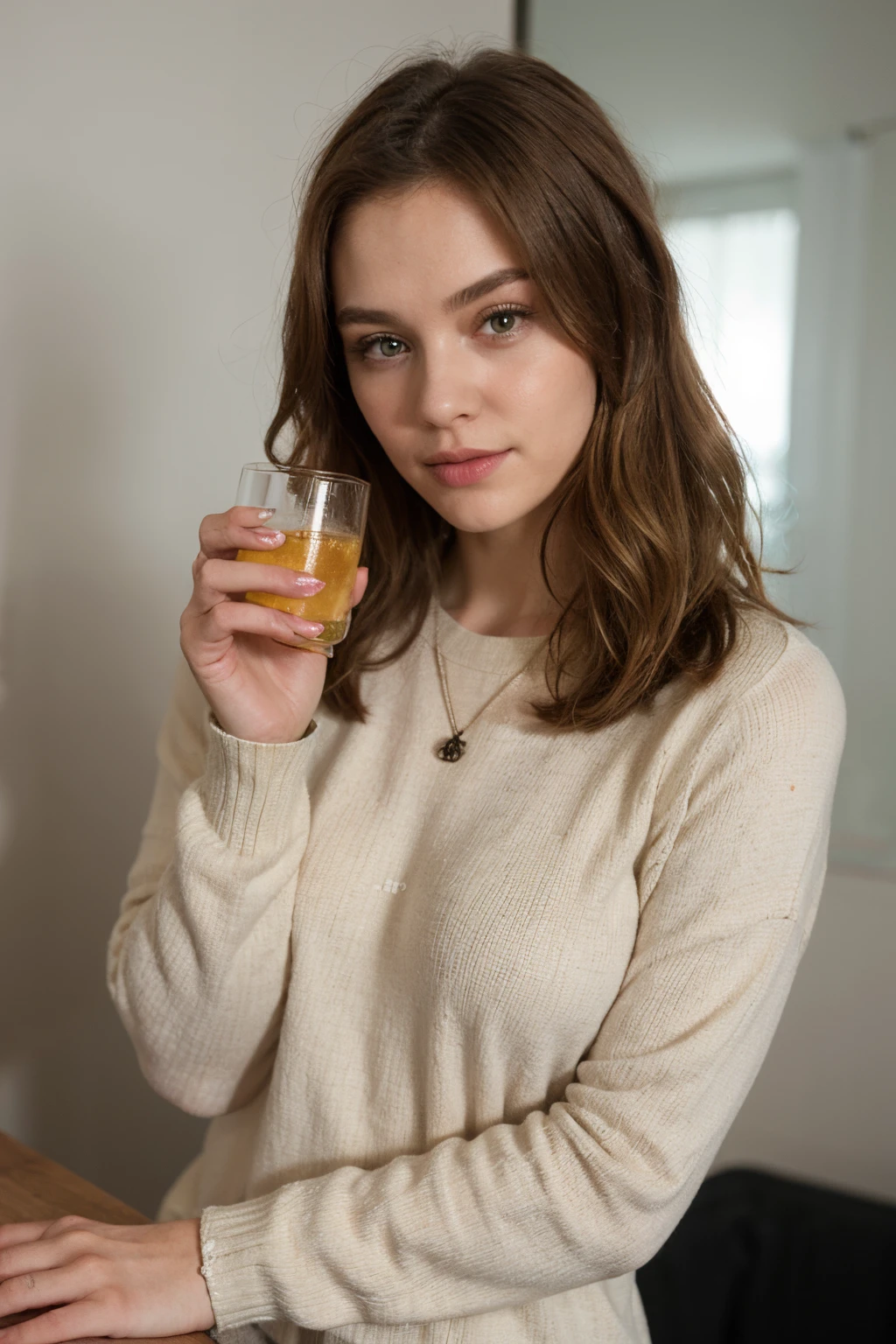 Hellblonde Schwedin in kuscheligem Pullover trinkt Kakao, ((best qulaity)), ((Meisterwerk)), (Detailliert), Perfektes Gesicht