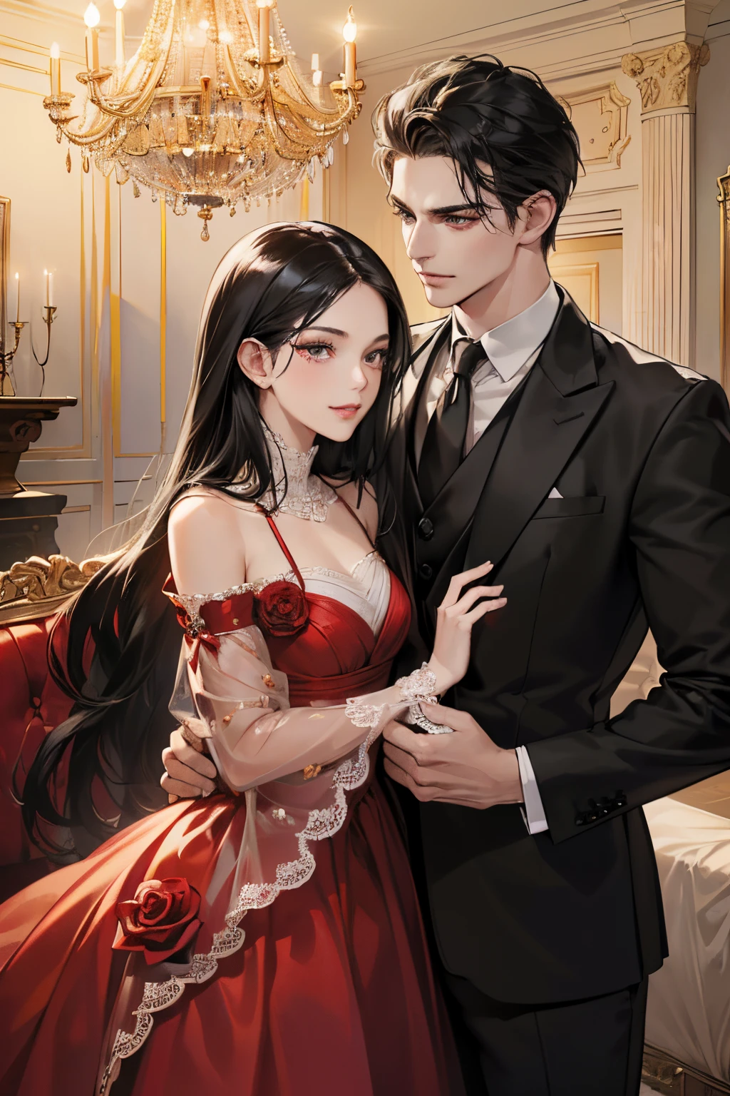(masutepiece, Digital Art, Digital Illustration, 4K, 8K, Ultra-detailed, beautiful image, Sharp Image, Photorealistic, Raw photo, Perfect face, Perfect lines, Perfect eyes, Soft lighting) 1 woman, (Long Black Hair,straight haired,Bullish gaze,Beautie,ellegance,Mode system,Onepiece、Solid makeup,23 y-o woman,small tits:1.3),Two handsome men in suits, (ember,Men in suits,well-muscled,Firm shoulder width,Adult male,Boyish hairstyle,English gentlemanly style,Man in his 30s with a cool expression,28-year-old man with bright smile:1.2),Antique furnishings,Antique Clamps,Antique chair,chandeliers,Crystal Glass,Luxury,fantastical light,Marble fireplace,(embarrassed from,Shy smile,1 red rose:1.2),Antique sofa,Leather sofa,the kiss、kiss、a couple、couple kissing、Romance、doress、bachelorette