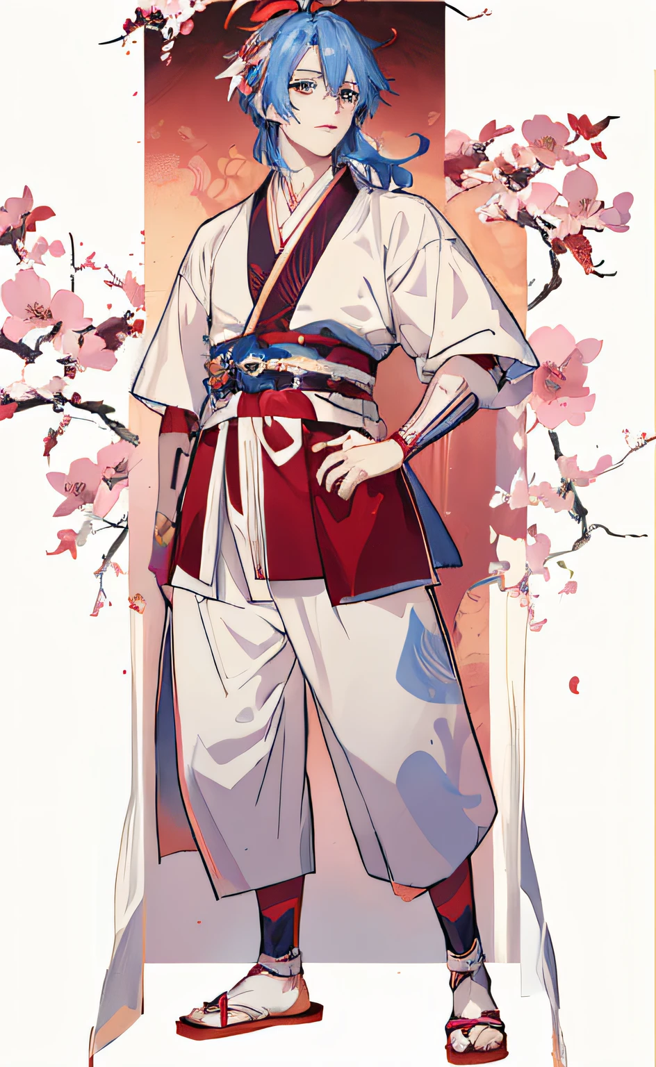 Anime character wearing traditional Japanese clothes and holding cherry blossoms, sky blue hair、handsome guy in demon slayer art, demon slayer rui fanart, onmyoji detailed art, keqing from genshin impact, sengoku - era art style, Full body Wuxia, full body commission for, ((wearing aristocrat robe)), official fan art, Onmyoji