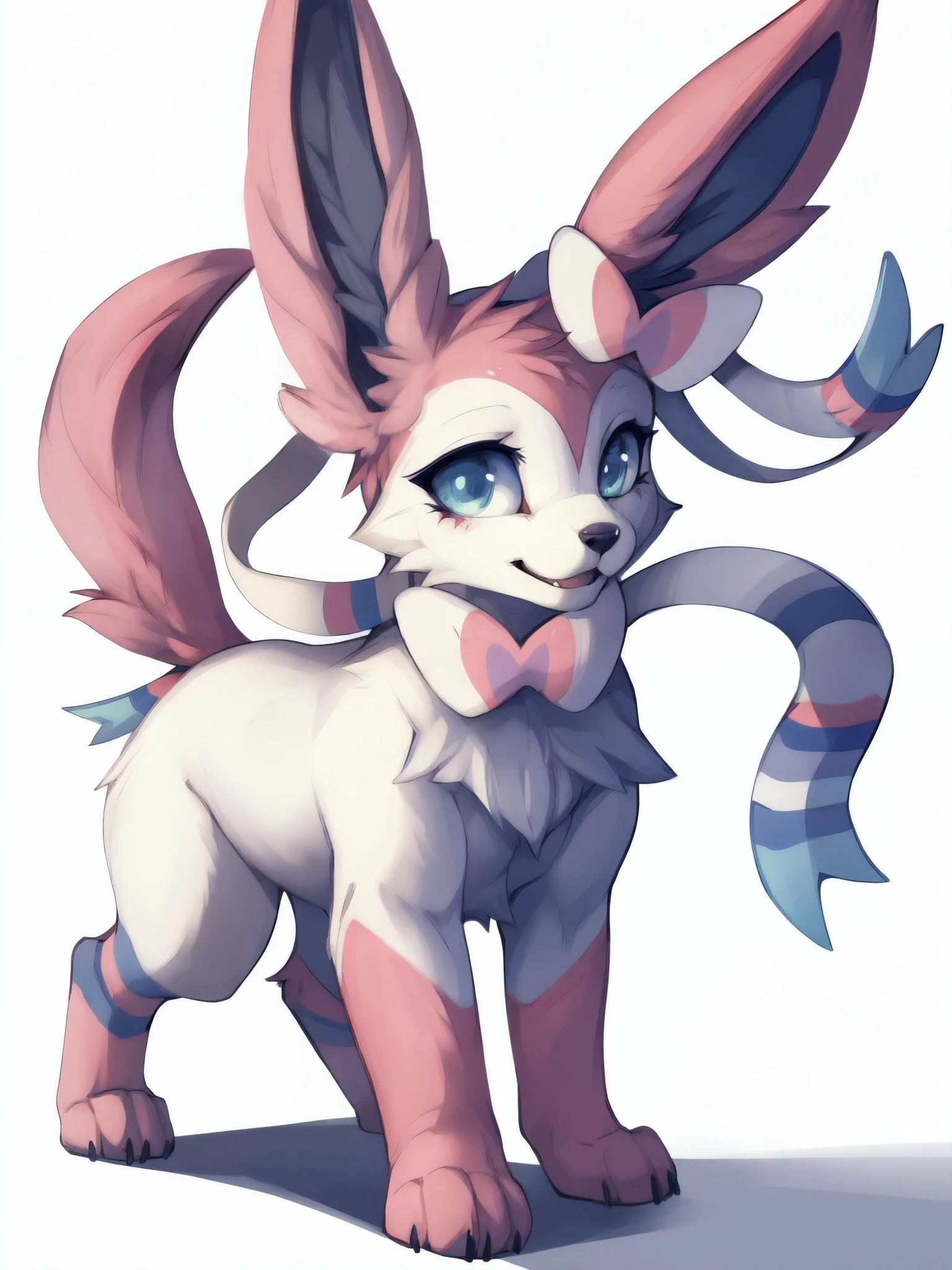 alone, score_9,score_8_up,score_7_up, an anthro furry female sylveon girl, black sclera, white eyes, naked, covering, embarrassed, blushing.