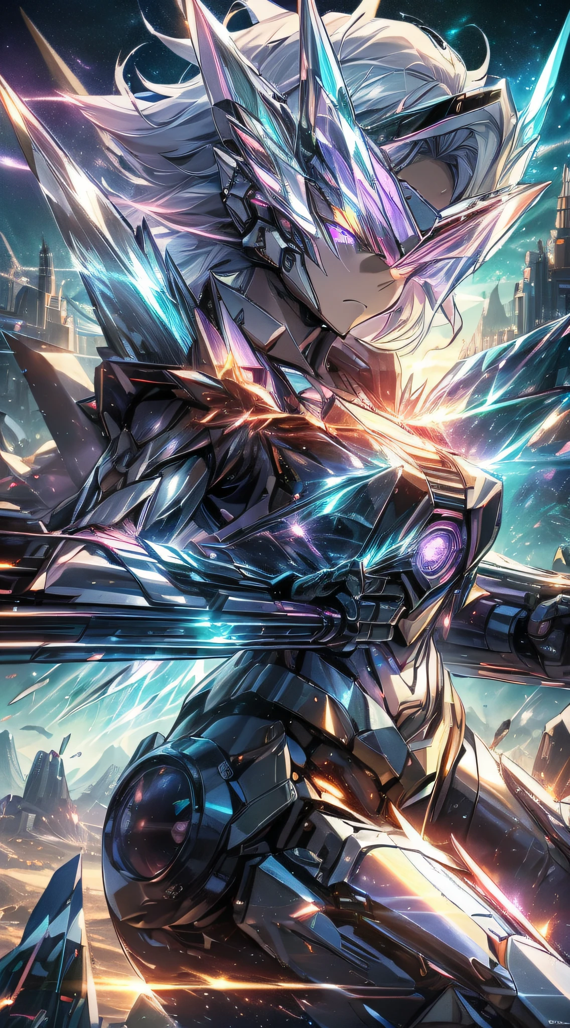 top-quality、Top image quality、masterpiece、girl with((black glowing airplane、glowing mechanic suit、18year old、teen ager、cute little、Best Bust、big bast,Beautiful shining purple eyes、Breasts wide open, white hair、Longhaire、A slender,Large valleys、belligerent movements,sharp claws、beam cannon on the right、Gatling gun in left hand、right rear missile launcher、left rear rocket launcher、Crystal visor on the right eye、being filmed、battle suits)),hiquality、Beautiful Art、Background with((Space Battlefield)))、,masutepiece、depth of fields,Cinematic style