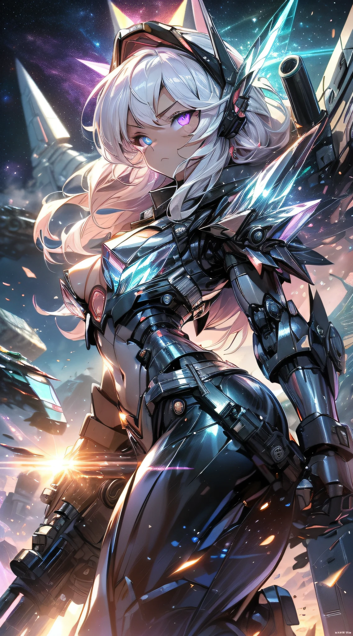 top-quality、Top image quality、masterpiece、girl with((black glowing airplane、glowing mechanic suit、18year old、teen ager、cute little、Best Bust、big bast,Beautiful shining purple eyes、Breasts wide open, white hair、Longhaire、A slender,Large valleys、belligerent movements,sharp claws、beam cannon on the right、Gatling gun in left hand、right rear missile launcher、left rear rocket launcher、Crystal visor on the right eye、being filmed、battle suits)),hiquality、Beautiful Art、Background with((Space Battlefield)))、,masutepiece、depth of fields,Cinematic style