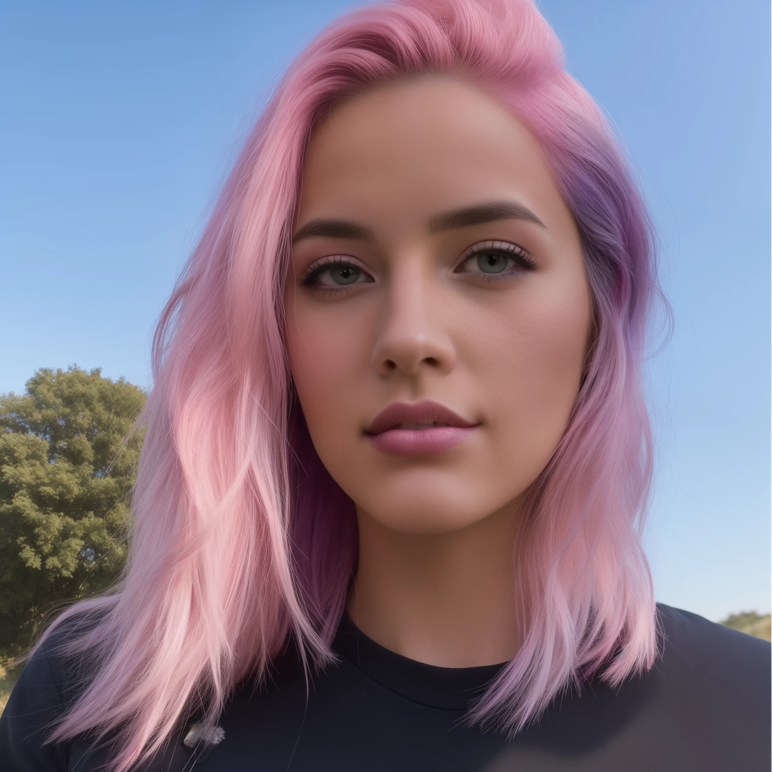 24 year old woman with pink hair and a black shirt, ombre purple and pink hairstyle, Experiment with a shallow depth of field, mimicking the vintage look achieved by using older lenses or aperture settings. Highlight the natural texture and pores of the skin, capturing a realistic and organic look.