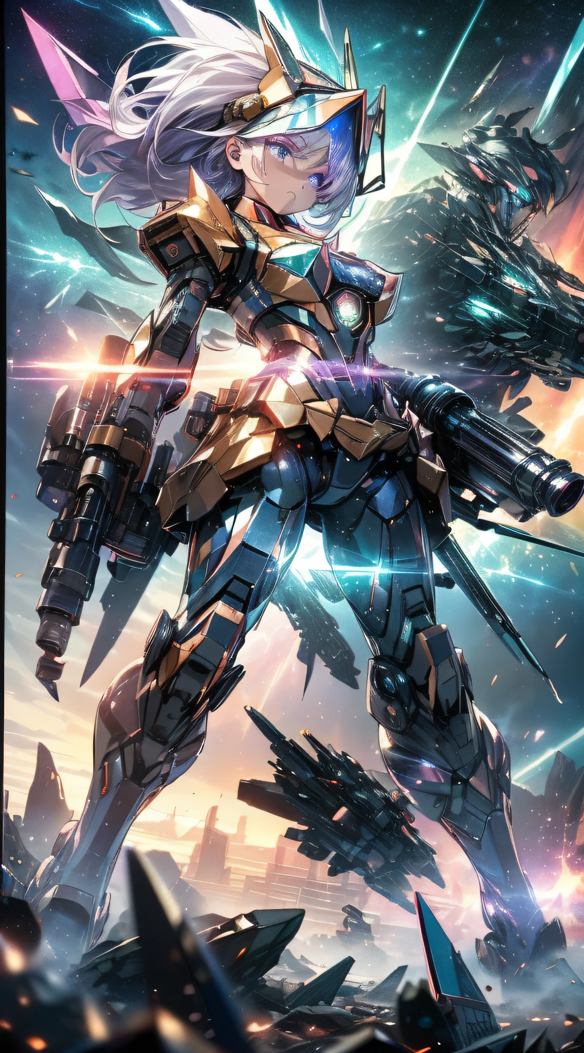 top-quality、Top image quality、​masterpiece、girl with((black glowing airplane、glowing mechanic suit、18year old、teen ager、cute little、Best Bust、big bast,Beautiful shining purple eyes、Breasts wide open, white  hair、Longhaire、A slender,Large valleys、belligerent movements,sharp claws、beam cannon on the right、Gatling gun in left hand、right rear missile launcher、left rear rocket launcher、Crystal visor on the right eye、being filmed、battle suits)),hiquality、Beautiful Art、Background with((Space Battlefield)))、,masutepiece、depth of fields,Cinematic style