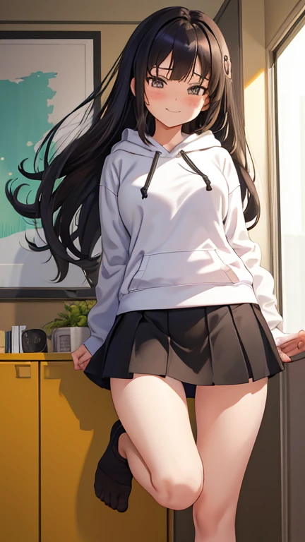 ((perfect anatomy,realistic:1.3,RAW Photography:1.3,masterpiece、highest quality、Ultra - High resolution、High resolution、Highly detailed CG、8K)),cowboy shot,1 female,solo,18-year-old、High school girl swordsman、18-year-oldの美女,Japanese,((beautiful detailed face and eyes:1.3,big gorgeous eyes:1.3,gray eyes)),black hair,long bob hair,(center parted hair,forehead),shy,shy,tears,(medium breasts,slender body,small head:1.3,skinny),((oily skin)),(gleaming skin,shiny skin),(white hoodie sweat shirt,Denim mini skirt,White panties、Love juice:1.3,White socks、white sneakers),sitting,spread legs:1.5,Coffee shop、Simple sofa、Tokyo、