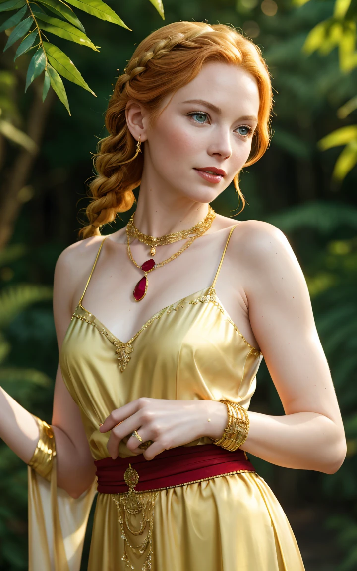 (Grace Kelly:Marilyn Monroe:0.5), A 35-year-old woman with ginger hair, high detail, face, high detail skin, detailed green eyes, one large braid, a gold necklace with a ruby pendant, dressed in a revealing white Greek tunic and Roman sandals, with gold bracelets on her arms, forest in the background, masterpiece, extremely high detail, cinematic lighting. backlight. shallow depth of field, bokeh, sharp focus, RAW photo