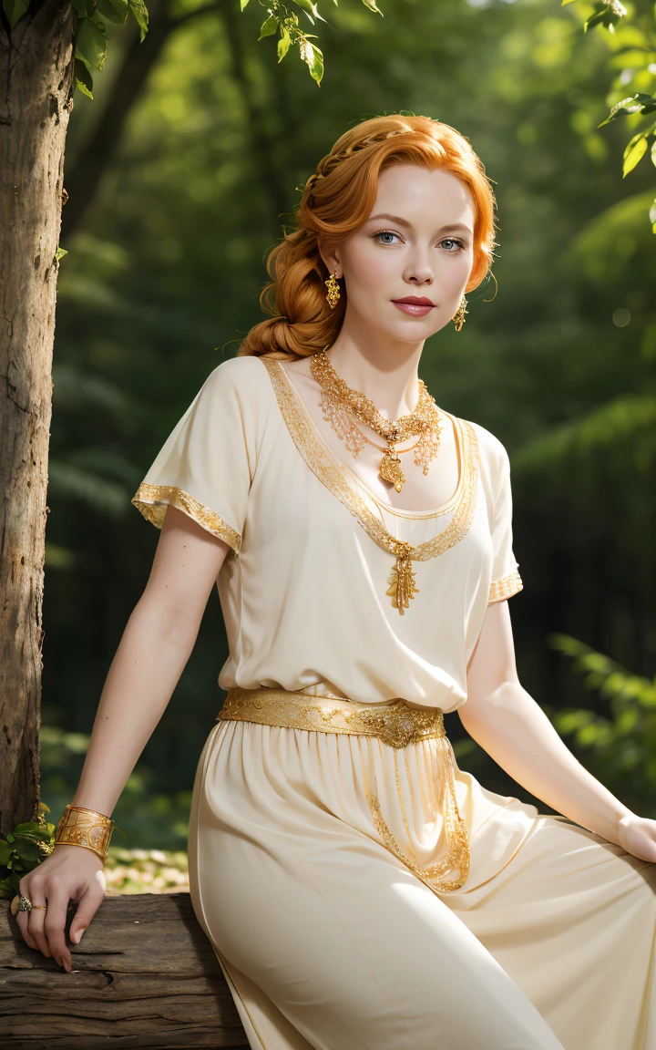 (Grace Kelly:Marilyn Monroe:0.5), A 35-year-old woman with ginger hair, high detail, face, high detail skin, detailed green eyes, one large braid, a gold necklace with a ruby pendant, dressed in a sexy white Greek tunic and Roman sandals, with gold bracelets on her arms, forest in the background, masterpiece, extremely high detail, cinematic lighting. backlight. shallow depth of field, bokeh, sharp focus, RAW photo