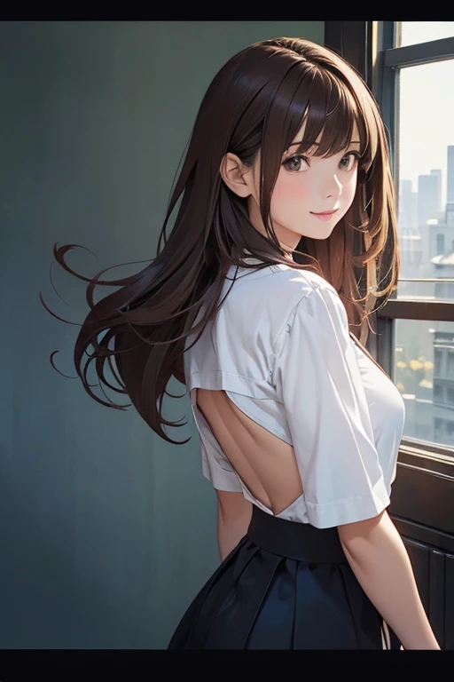 (1girl in:1.3), (Photorealistic:1.4), (masutepiece, of the highest quality, Best Quality, Official art), ighly detailed, highest details, (Ultra-detailed), ((extremely delicate and beautiful)), Cinematic Light, Contemporary, Silky long hair, (Brown hair), She is walking in the park, in the evening, Sewn, Skirt, Upper body, From above, Shy, Smile, (Looking back:1.4), 26 years old