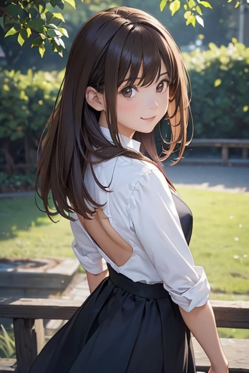 (1girl in:1.3), (Photorealistic:1.4), (masutepiece, of the highest quality, Best Quality, Official art), ighly detailed, highest details, (Ultra-detailed), ((extremely delicate and beautiful)), Cinematic Light, Contemporary, Silky long hair, (Brown hair), She is walking in the park, in the evening, Sewn,  Skirt, Upper body, From  above, Shy, Smile, (Looking back:1.4), 26 years old