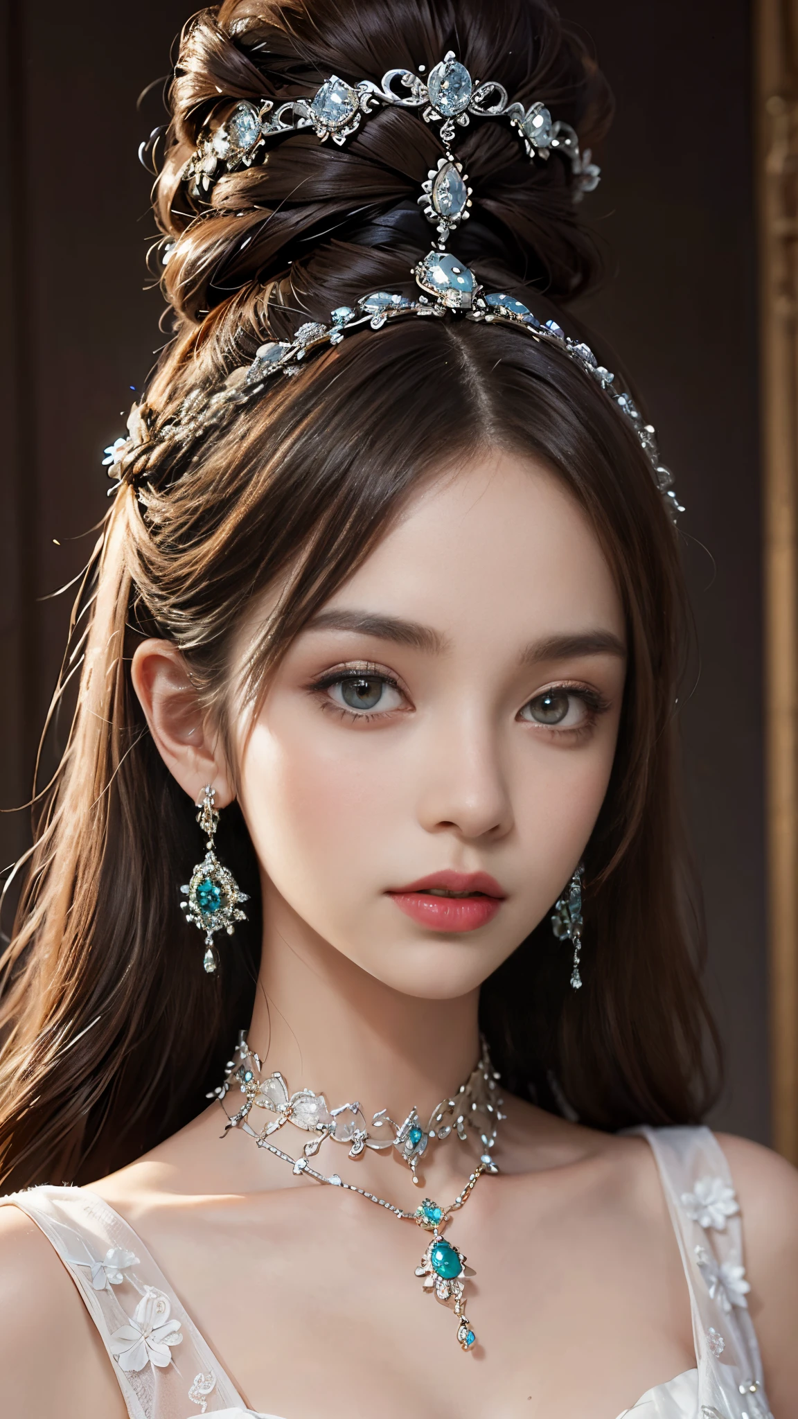 8K ultra hd, masterpiece, best quality, a beautiful girl, long hair, impressive hairstyle, royal hair jewelry, pretty cute face, flawless face, jewellery earrings, antique jewellery, details eyes, beautiful eyes, meticulous makeup, thin eyebrows, beautiful red lips, medium breasts, royal dress, silver dress, light sliver laces, realistic colors, magic effect, night background, look directly at the audience, attractive poses,