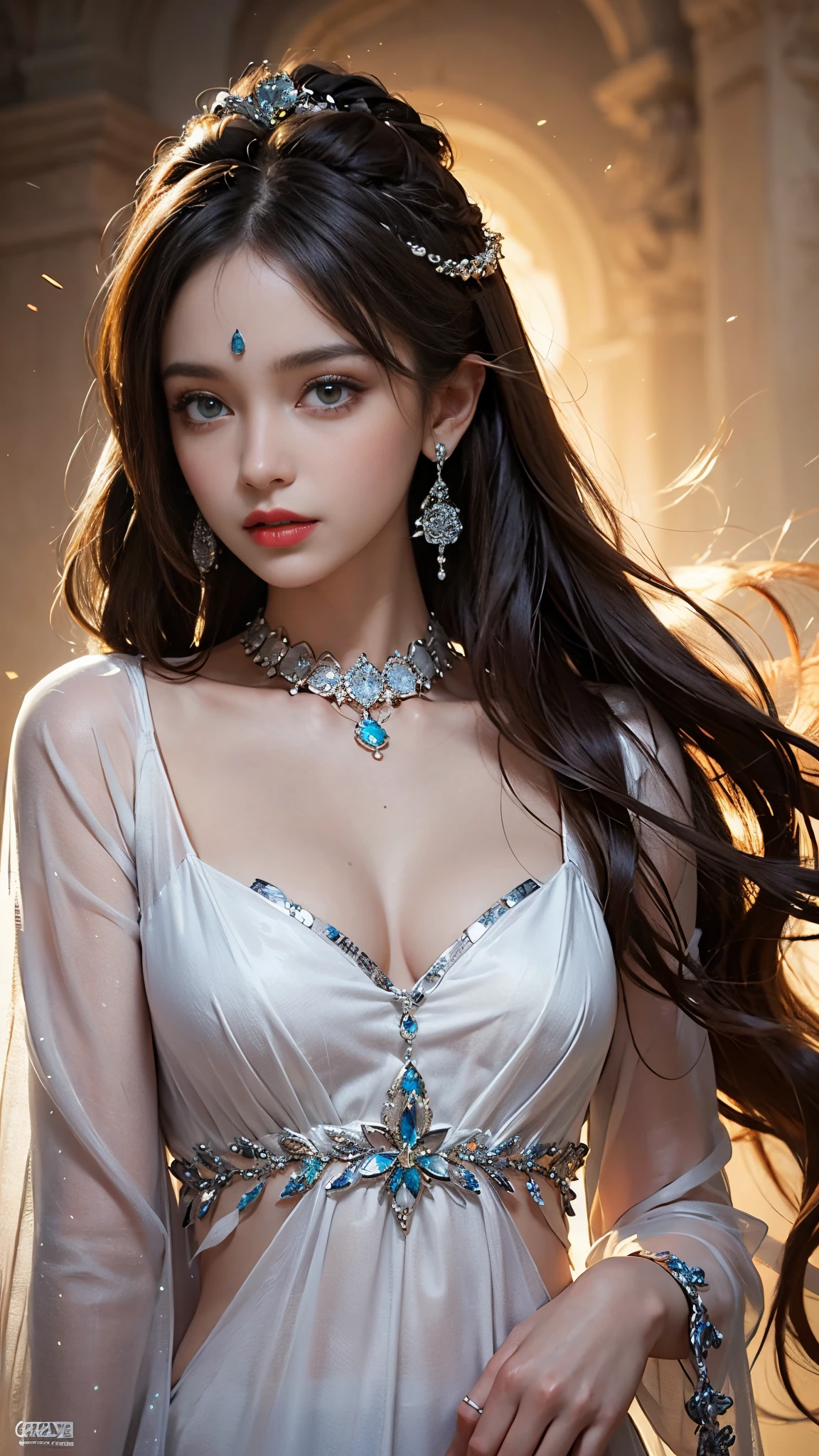 photorealistic, high resolution, 1women, solo, hips up, look at viewer, long hair, dress, ice queen, crown, jewelry, tattoo