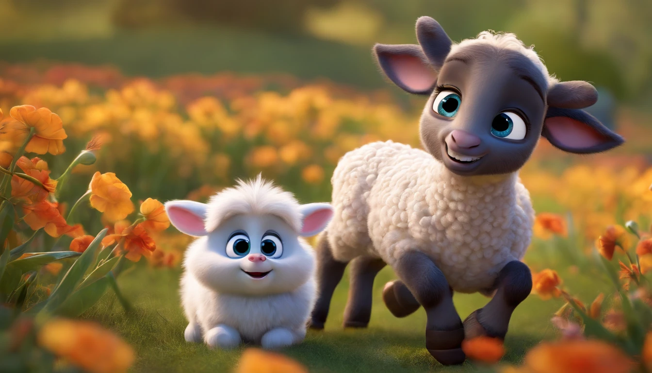 Pixar, a wove and lamb playing together, a very beautiful background,