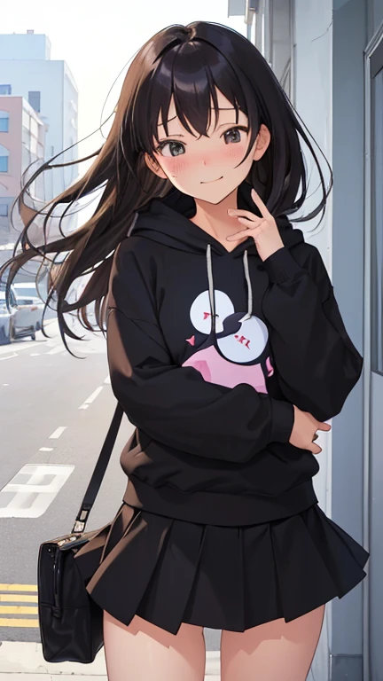 (masutepiece, Best Quality:1.2), (Looking at Viewer), (Wavy Hair:0.8),
1girl in, (Upper body:0.85), (Black theme:1.2), {Indoors|Outdoors}, Dark eyes, Dark hair, 
{Medium Hair}, Larger hoodie, (tight miniskirt:1.2),
({Happy face|peaceful face|Shy face|Curious face}),（Full body composition）（NSFW）（My miniskirt flutters in the wind and I can see my underwear.）（The skirt is flipped up in the wind and the underwear is visible）（red blush）（Expression of desire）、Best Shots、winning artwork