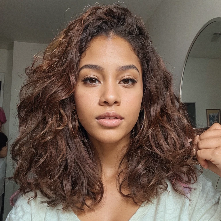 Biracial black Latino woman with brown and pink highlighted hair. Very realistic woman.
