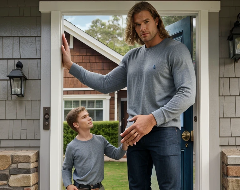 there is a man standing in front of a door with a man holding a hand, greg olsen, enormous hands, very very very tall, tall man, taller than man, tall and muscular, very tall, very very very very tall, standing outside a house, 7 feet tall, strong and tall, slightly muscular, advertising photo, 8ft tall, real life size