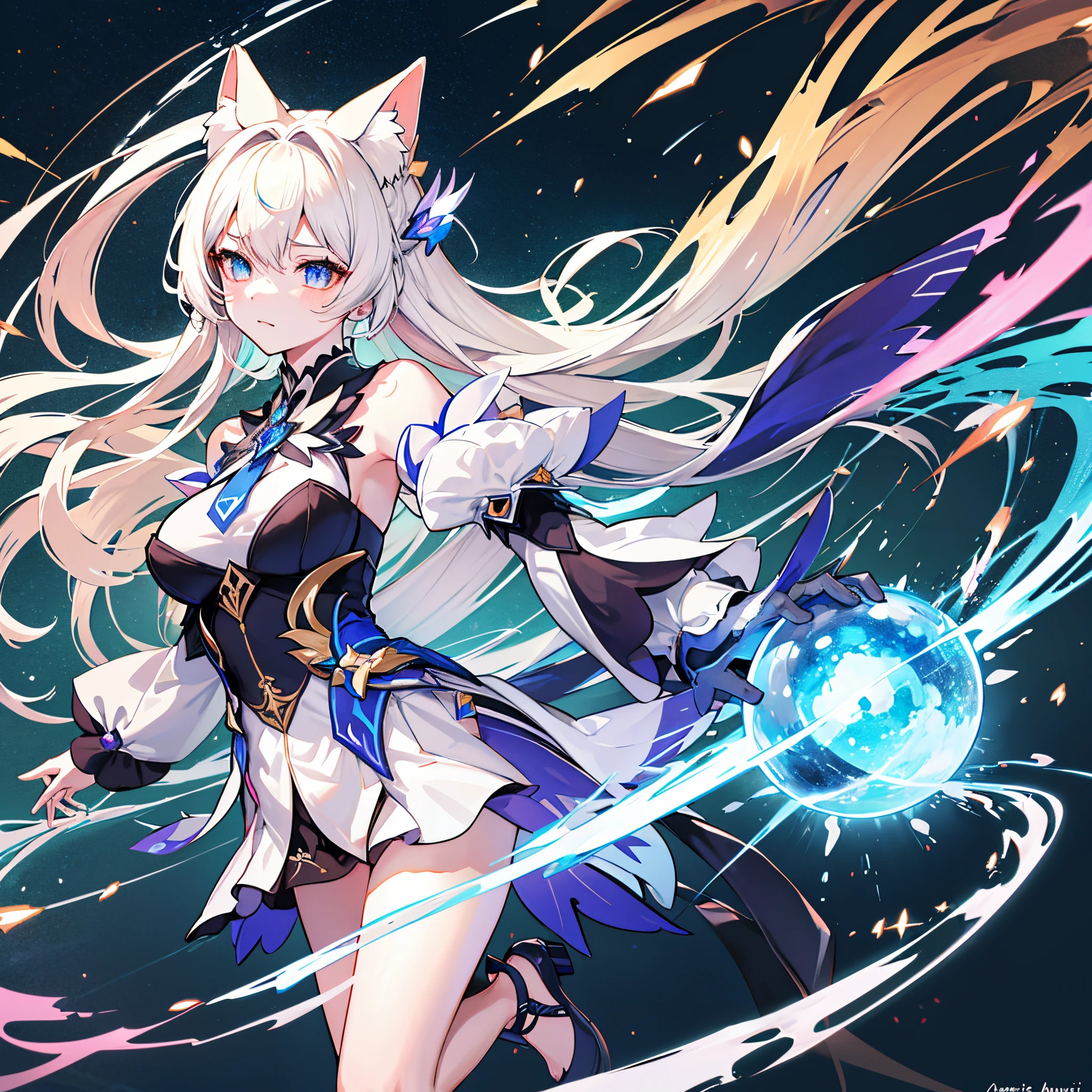 honkai impact, herrscher of thunder, absurdres, 1girl, very long hair, fox ears, full body, (stormy atmosphere),(best quality,highres,masterpiece:1.2),detailed facial features,thunderbolt effects,electrically charged aura,elegant pose,(vivid colors,dark tones:1.1),powerful lightning spells,sparkling eyes,flowing dress,golden accessories,energetic movement,electromagnetic waves,shimmering background