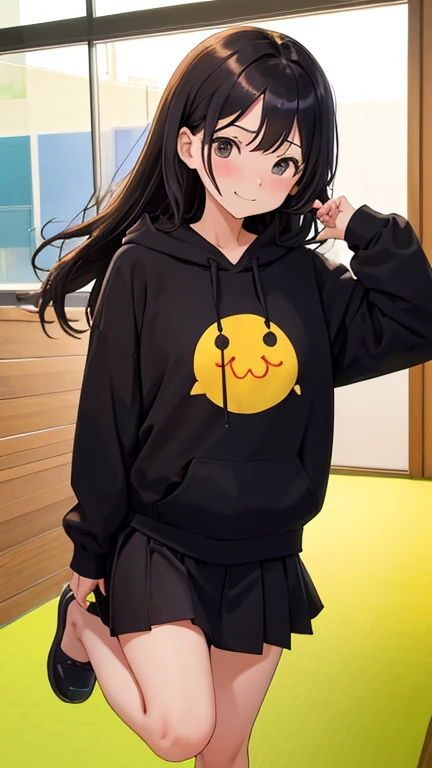 (masutepiece, Best Quality:1.2), (Looking at Viewer), (Wavy Hair:0.8),
1girl in, (Upper body:0.85), (Black theme:1.2), {Indoors|Outdoors}, Dark eyes, Dark hair, 
{Medium Hair}, Larger hoodie, (tight miniskirt:1.2),
({Happy face|peaceful face|Shy face|Curious face}),（Full body composition）（NSFW）（I jump and the wind blows up my skirt and I can see my underwear.）（red blush）（Expression of desire）、Best Shots、winning artwork