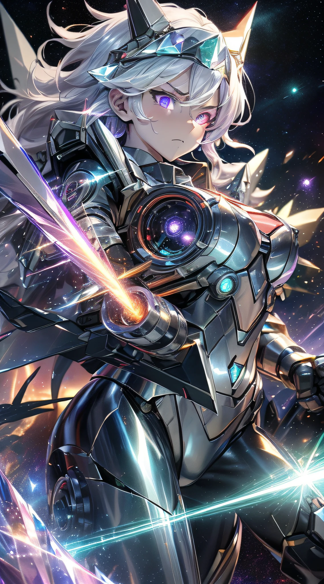 top-quality、Top image quality、masterpiece、girl with((black glowing airplane、glowing mechanic suit、18year old、teen ager、cute little、Best Bust、big bast,Beautiful shining purple eyes、Breasts wide open, white hair、Longhaire、A slender,Large valleys、belligerent movements,sharp claws、beam cannon on the right、Gatling gun in left hand、right rear missile launcher、left rear rocket launcher、Crystal visor on the right eye、being filmed、battle suits)),hiquality、Beautiful Art、Background with((Space Battlefield)))、,masutepiece、depth of fields,Cinematic style