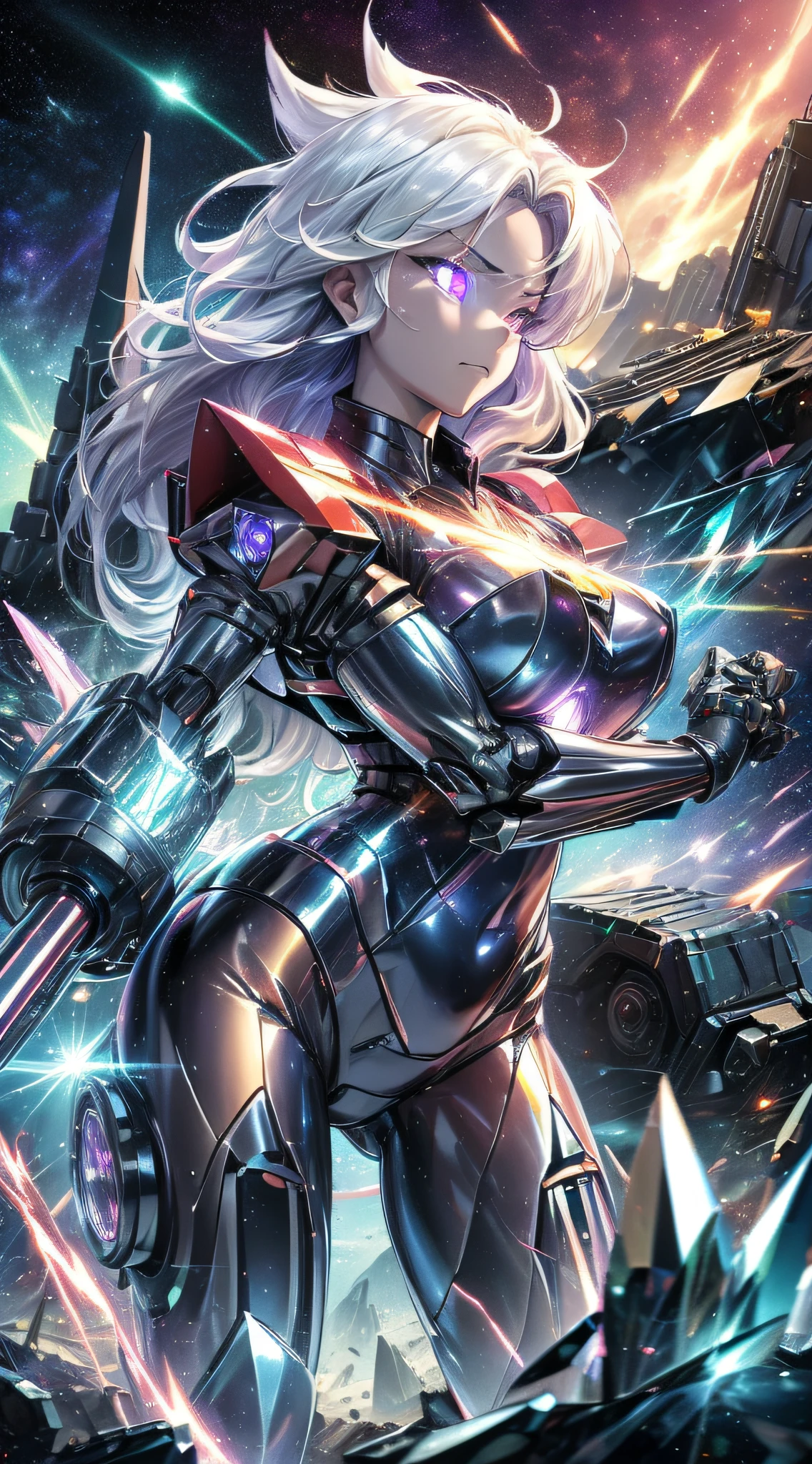 top-quality、Top image quality、masterpiece、girl with((black glowing airplane、glowing mechanic suit、18year old、teen ager、cute little、Best Bust、big bast,Beautiful shining purple eyes、Breasts wide open, white hair、Longhaire、A slender,Large valleys、belligerent movements,sharp claws、beam cannon on the right、Gatling gun in left hand、right rear missile launcher、left rear rocket launcher、Crystal visor on the right eye、being filmed、battle suits)),hiquality、Beautiful Art、Background with((Space Battlefield)))、,masutepiece、depth of fields,Cinematic style