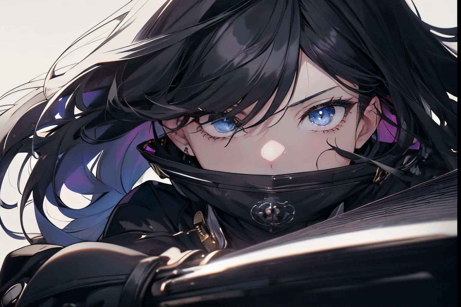 【Highest Quality, masutepiece】 [girl, expressioness, blue eyes, front facing,jet-black hair, ] (Gray white background:1.5), 1girl in, Full body, black one-piece military uniform,(masutepiece:1.2, Best Quality), (finely detailed beautiful eye: 1.2), (beautifull detailed face), High contrast, (Best Illumination, extremely delicate and beautiful), ((Cinematic Light)), H Dramatic light, long hair flowing with the wind, large full breasts、Belt under boobs、Japanese Sword,