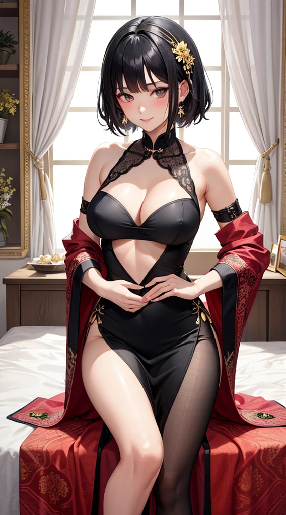Character Details: - Gender: 1 Girl. - Body Type: Attractive slim body, nice bare leg, bare tights, bare arms, bare shoulders, nice curve. - Breast: Medium Breast, Show Cleavage.
- Facial Features: Beautiful, Gorgeous, ager, Fresh, Young.
- Expression: Smile, Pink Blush on Face, Sexy Eyes, Sexy Look, Innocent look. - Hairstyle: Blunt Bangs, Short Hair. - Hair Color: Black Hair.
- Clothing: Tight Short Chinese Dress. - Body Pose: Seiza Pose, comfortable and relaxed.
- Hand Pose: Hand on Hip.
- Behaviour: Waiting, Want Something, Secretly.
- Accessories: Flower Hair Piece, Earrings, Silk cloth. Environmental Details: - Setting: Indoor. - Lighting: Night, Moonlight. - Background Elements: Silk bed, Silk mattress, Soft bed, Silk ornament. silk curtain. - Mood/Atmosphere: Steamy, Hot, Warm. Artistic Style and Quality: - Masterpiece, top quality, best quality, official art, beautiful, and aesthetic:1.2 - Fractal art:1.1, Colorful:1.1, Highest detailed:1.2, Zentangle:1.2 - Crisp details, Sharp lines, Rich textures, Fine craftsmanship:1.3 - High resolution, Meticulous rendering:1.2