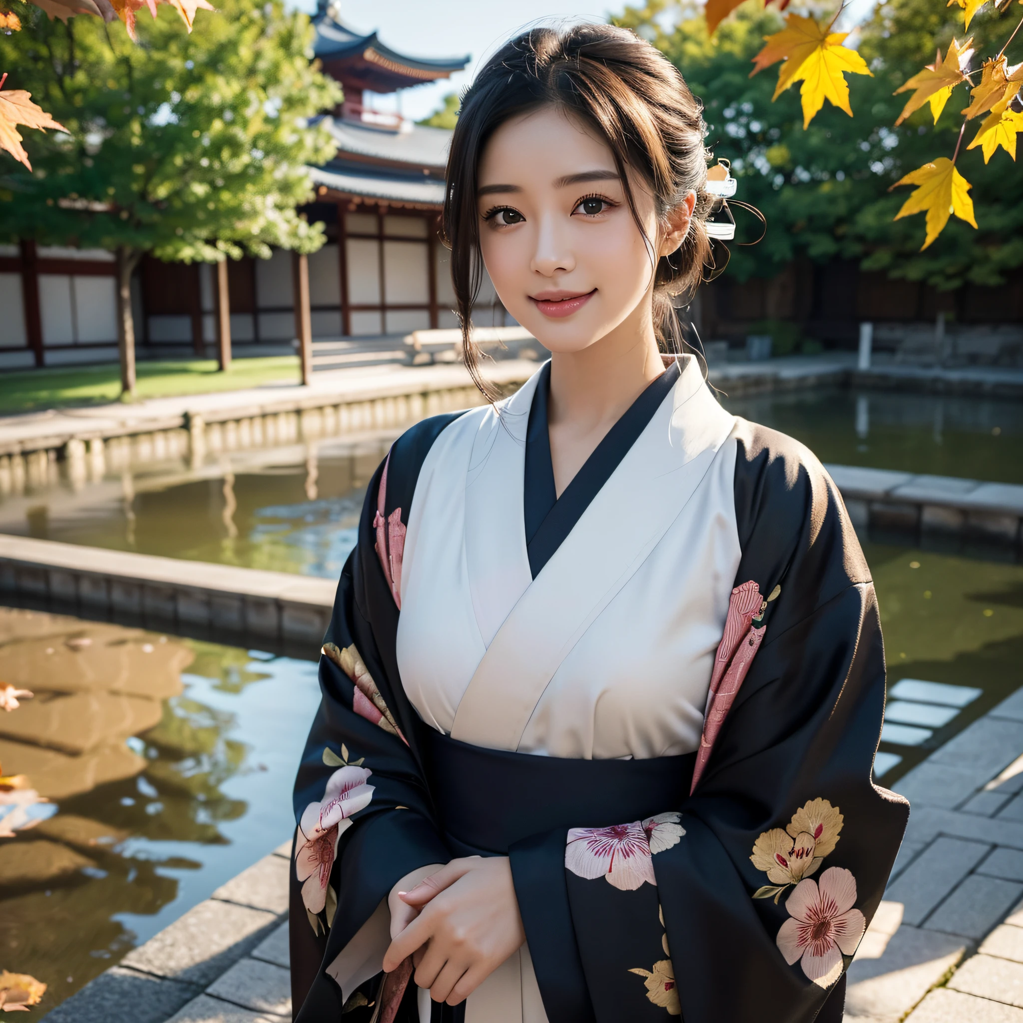(Super beautiful woman in kimono)、((best qualtiy、8k masterpieces:1.3))、foco nítido:1.2、(ultra beautiful faces:1.0)、(shinny skin:1.0)、photos realistic、A dark-haired、Video Lighting、High-definition eyes and face、Video Lighting、Japanese actressl、from the front side、medium breasts、With a happy smile、wearing kimonos、Under the autumn leaves、highest grade obi