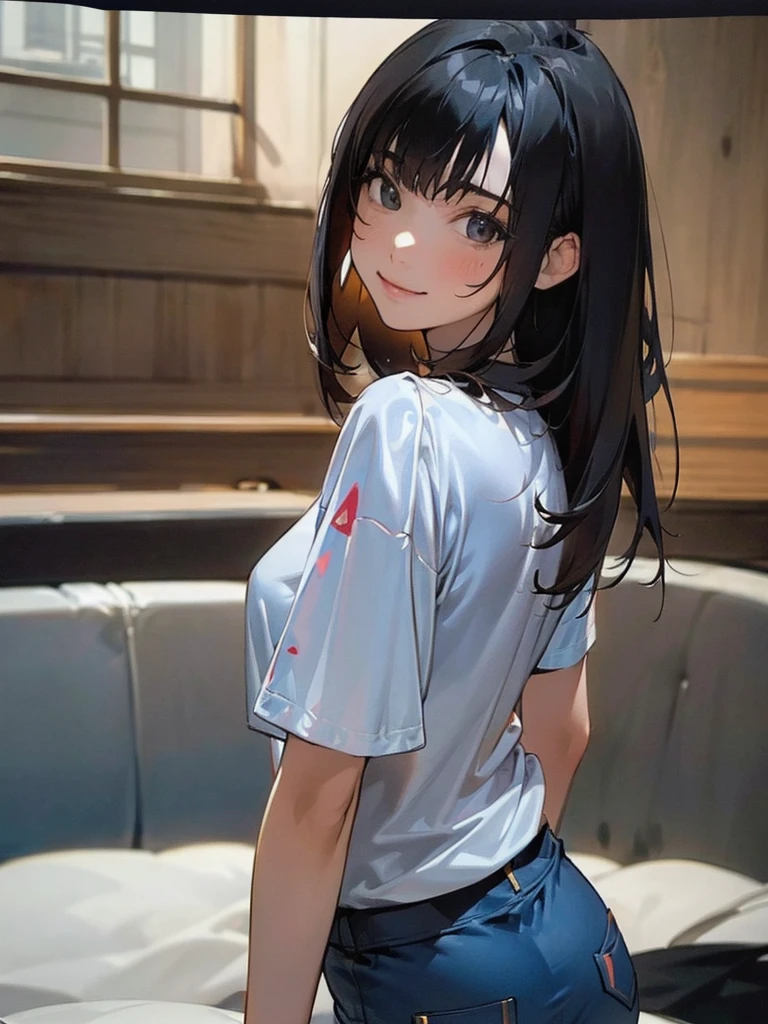 (1girl in:1.3), (Photorealistic:1.4), (masutepiece, of the highest quality, Best Quality, Official art), ighly detailed, highest details, (Ultra-detailed), ((extremely delicate and beautiful)), Cinematic Light, Contemporary, Silky long hair, (Black hair), she is walking down the street, in the evening, tshirts, In jeans, Upper body, From above, Shy, Smile, (Looking back:1.4), 26 years old