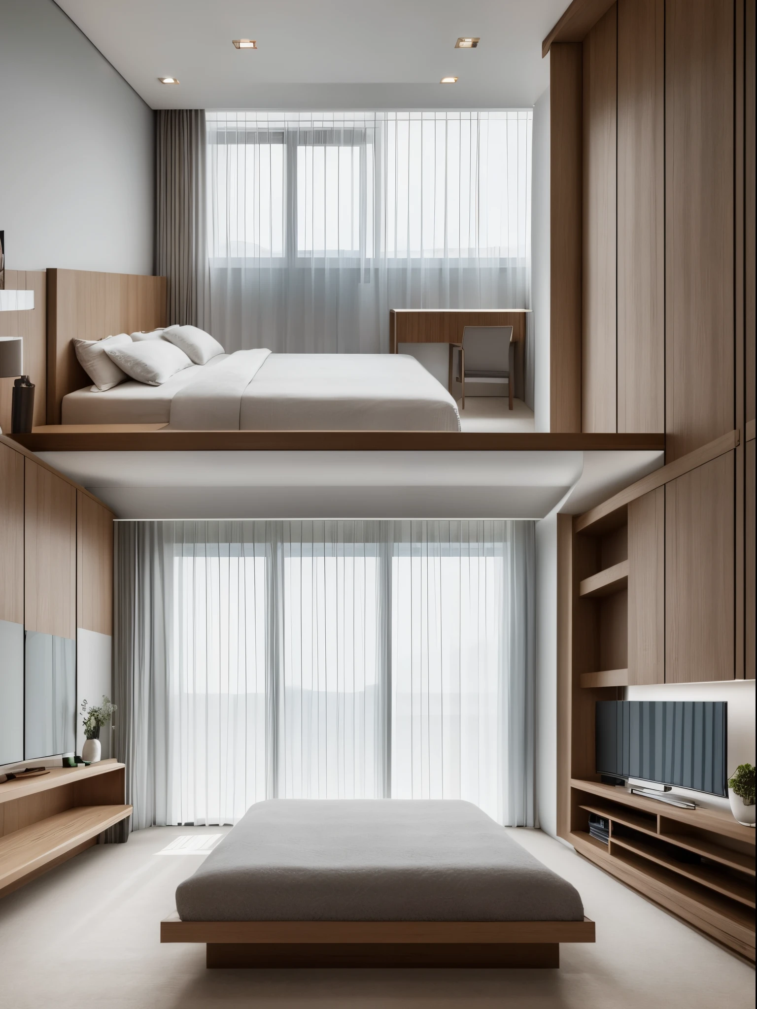 RAW photogr, tmasterpiece, high qulity, Best quality at best, Real, 超詳細,(( Simple furniture )), minimalist architecture, Minimalist bedroom, benches, desks, carpets, Shelf TV, 1 solid wood door:1.4,((Laminated plaster,))), Sunset sun)), Construction Daily Building, (high detal: 1.2), 8k ultra high definition, SLR camera, softlighting, high qulity, filmgrain, 富士XT3