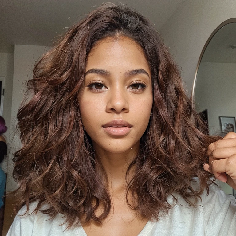 Biracial black Latino woman with brown and pink highlight hair. Skin tone is mahogany brown. Very realistic woman.