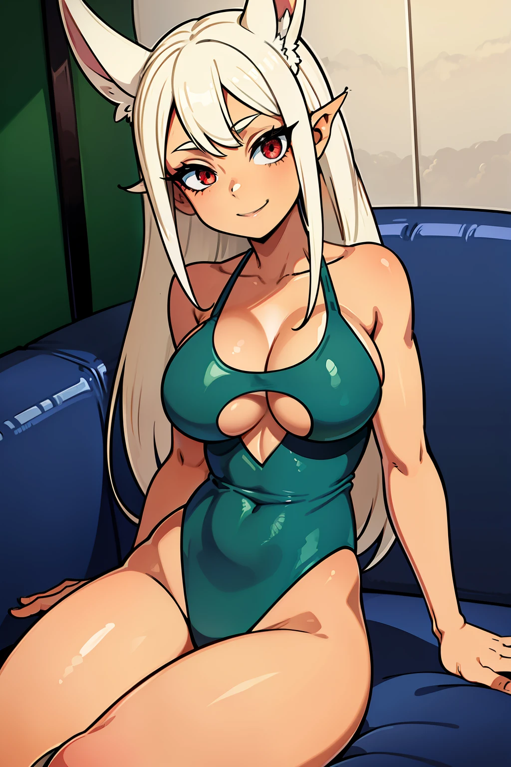 Cute girls,ojos rojos redondos, cabello blanco、orejas de conejo,sexy、sonriendo,Peinado liso medio a largo、(Bigboobs,,Wear a green swimsuit,En una casa de alquiler,sitting on the couch,Noche,estaba lloviendo afuera,Upper body is wet.,cuerpo entero,green swimsuit
