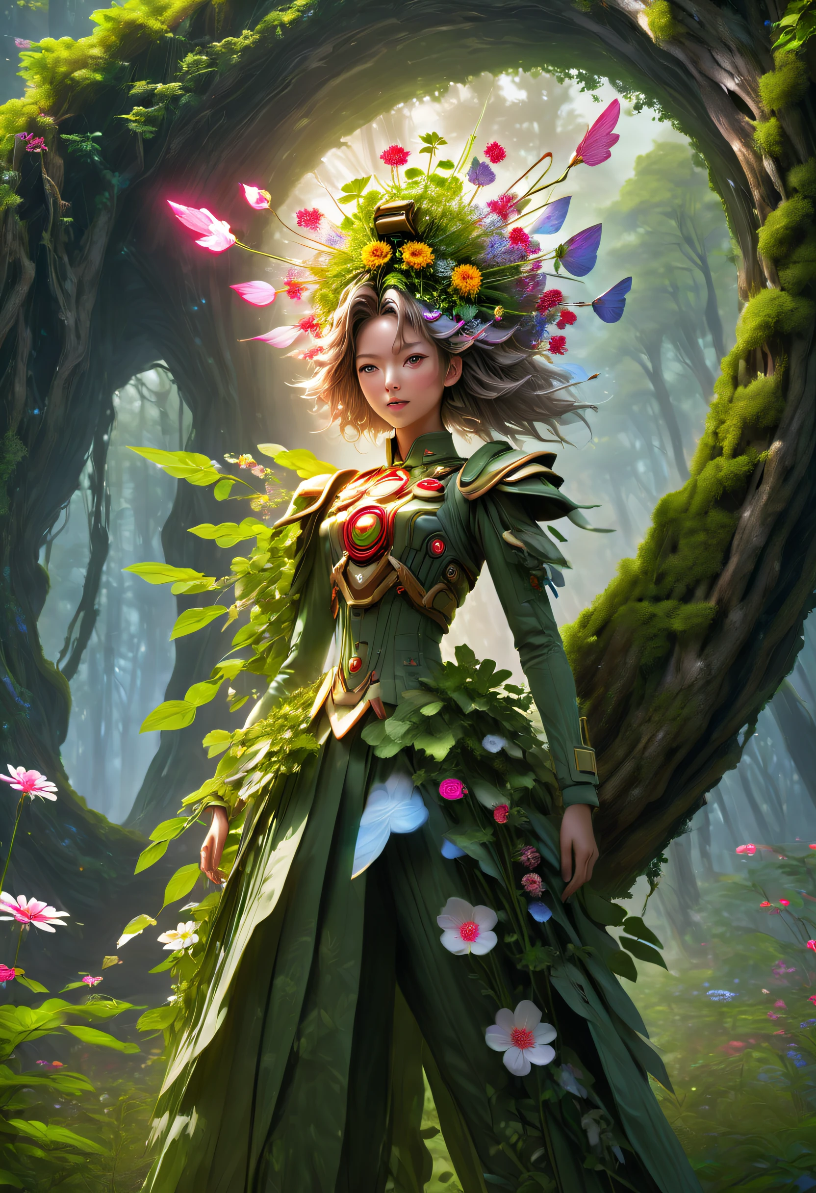 middle,(A girl made of fresh plants,Aim at the target with a futuristic sci-fi mechanical sniper rifle,body covered with flowering plants,flower limbs,plant high heels,plant hair,Plant clothes),blossom flower,old trees,at a forest,(globalillumination、ray traycing、HighDynamicRange、Unrealistic rendering、Rational design、tmasterpiece、Best quality、hyper HD、电影灯光,Anatomical correct,Beautiful girl facial features,Anatomically correct and precise facial structure, detailed face portrayal, and exquisite facial features), beijing_Up