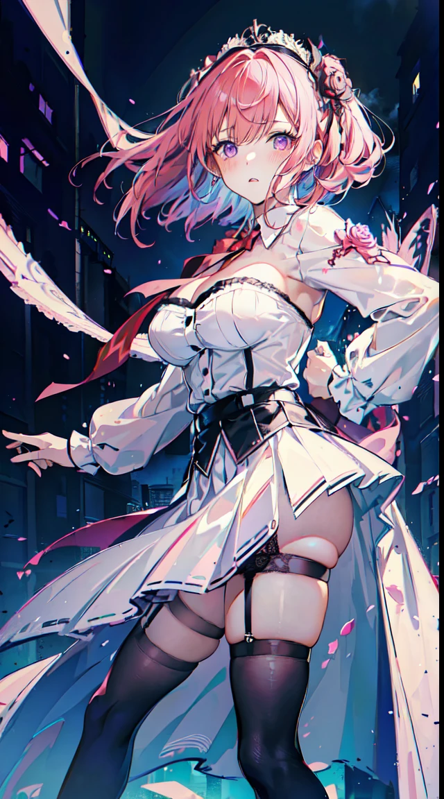(Masterpiece, Best quality, High quality:1.4), Professional artwork, Intricate details, Field of View, Sharp focus, Detailed painting, Masterpiece, Cinematic lighting, trending on pixiv, (Vivid lighting, Vibrant colors, author：Nagasawa rose:1.05), (,A MILF:1.1), Solo, (Curvy:1.1), standing, (Full body shot:1.1),
(Red hair:1.05), Long hair, High ponytail, lipstick, Makeup, Ultra Detail Hair, Ultra Detail Face, (Purple eyes:1.05), Perfect eyes, Perfect face, (Confused, Blush:1.2), (black thighhigns, a garter belt:1.1), Pleated skirt, White shirt, high-heels,
(Large breasts:1.1), cleavage, Big ass, Thighs,light pink medium length hair，Hinamori Yamon