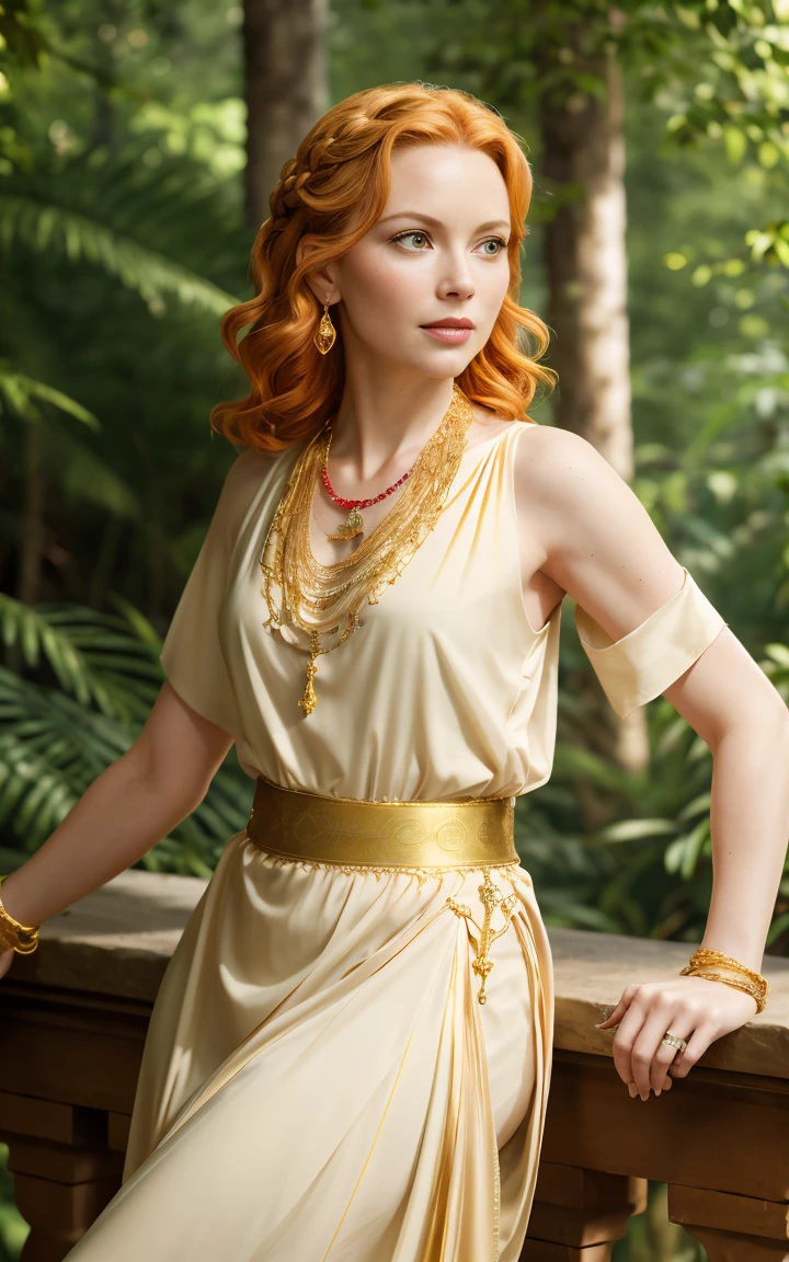 (Grace Kelly:Marilyn Monroe:0.5), A 35-year-old woman with ginger hair, high detail, face, high detail skin, detailed green eyes, one large braid, a gold necklace with a ruby pendant, dressed in a sexy white Greek tunic and Roman sandals, with gold bracelets on her arms, forest in the background, masterpiece, extremely high detail, cinematic lighting. backlight. shallow depth of field, bokeh, sharp focus, RAW photo