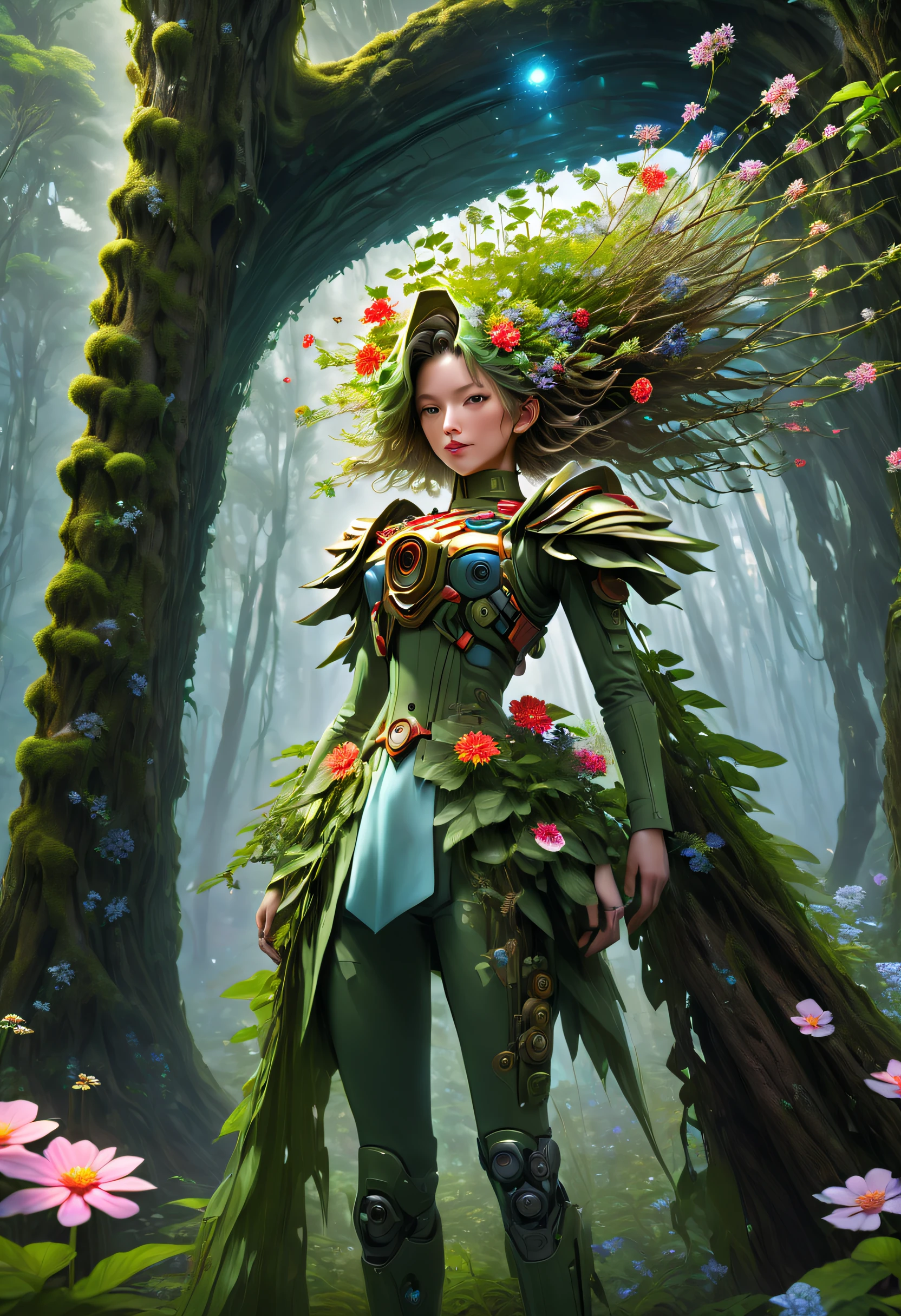 middle，(A girl made of fresh plants，Aim at the target with a futuristic sci-fi mechanical sniper rifle，body covered with flowering plants，flower limbs，plant high heels，plant hair，Plant clothes），blossom flower，old trees，at a forest，（globalillumination、ray traycing、HighDynamicRange、Unrealistic rendering、Rational design、tmasterpiece、Best quality、hyper HD、电影灯光，Anatomical correct，Beautiful girl facial features，Anatomically correct and precise facial structure, detailed face portrayal, and exquisite facial features）, beijing_Up